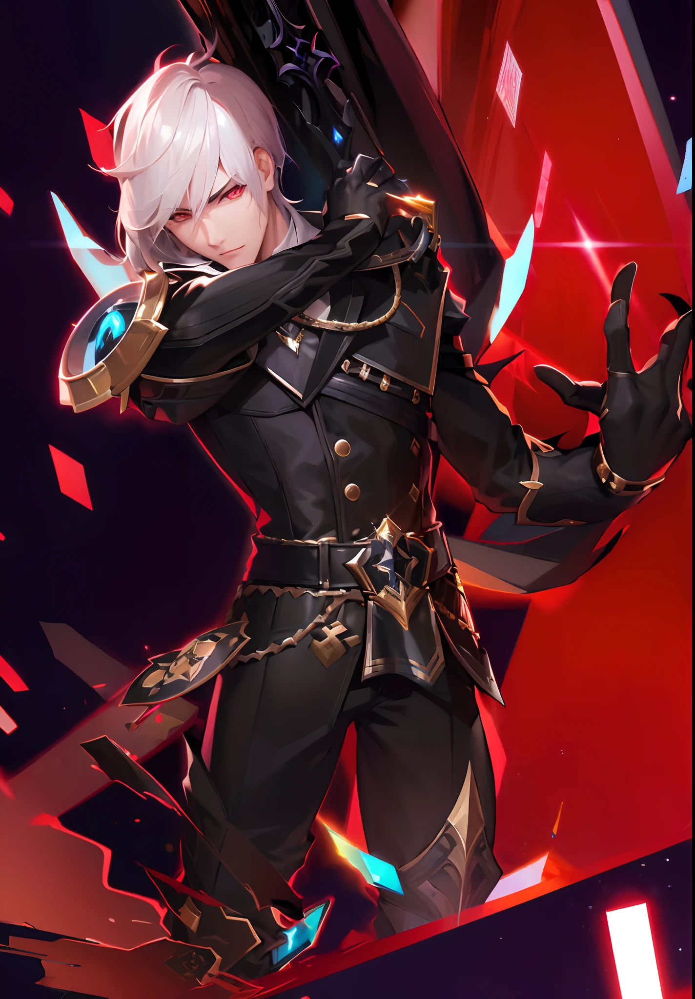demonio, demon horn,Best quality at best,Dadalya(Impacto Genshin , Luvas,Bowed muscles;,Bulging of the pectoral muscles,luvas brancas,Abs,Foco masculino,1st grade,Olhos vermelhos,Luva preta,sozinho,red hair,Olhos vermelhos,capa preta,cabelo entre os olhos,((Virilha Saliente)),sexy,(master part, best quality),(white business suit),auto-seguro,Divirta-se,sentindo dor,half human demon