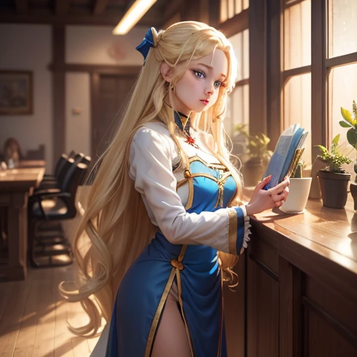 A girl, with blue eyes, blonde woman, long wavy hair, Beautiful Character Face. pointed ears. in office. full-length photo. side-view. higly detailed. Top Quality. long sleeves. priestess.