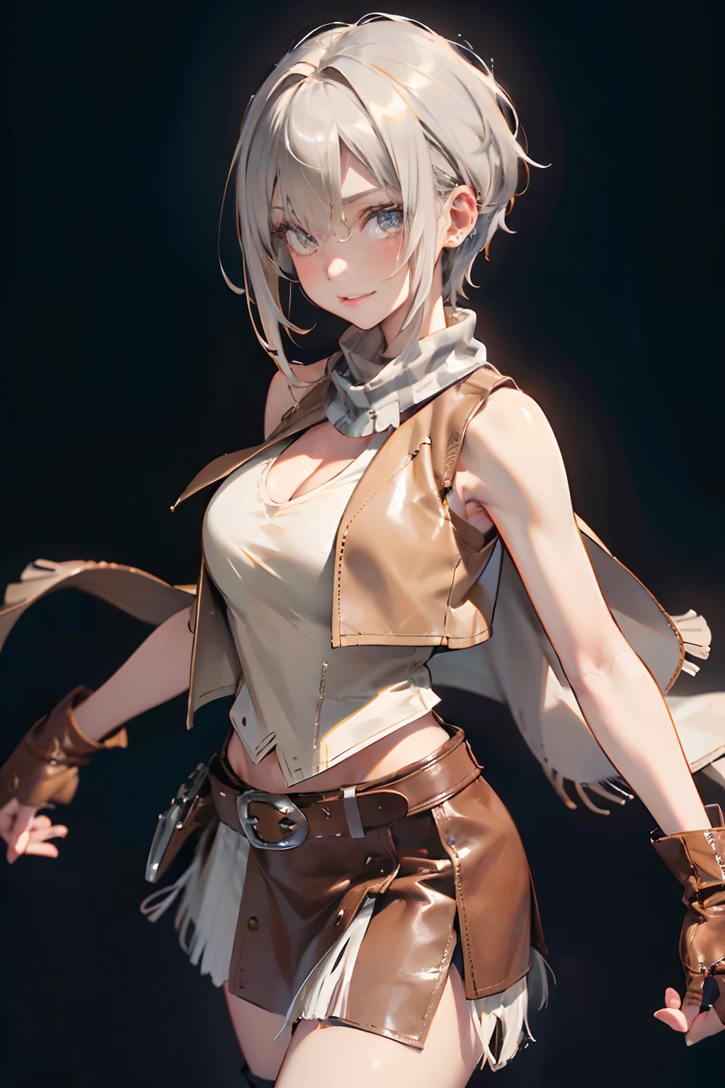 a 20 yo woman、a blond、Big smile、turned around、(hi-top fade:1.3)、dark themed、Muted Tones、Subdued Color、highly contrast、(natural skin textures、Hyper-Realism、Soft light、sharp)、<Quality Improvement Prompts>
<Character appearance、Background and other prompts>
BREAK (beige and brown theme:1.4), (ten-gallon hat:1.5), (wear a (open beige leather vest) over a white tank top:1.5), ((sleeveless, bare shoulders, cleavage):1.3), (beige mini-skirt with fringe:1.4),
BREAK (white inner:1.2), (checkered-pattern cowboy-scarf:1.2), (silver oval belt-buckle:1.3), (western-boots with spur:1.1), (holster on belt:1.3), (brown leather gloves:1.2),
<expressioness、illuminating、Other Prompts>,The tattoo,