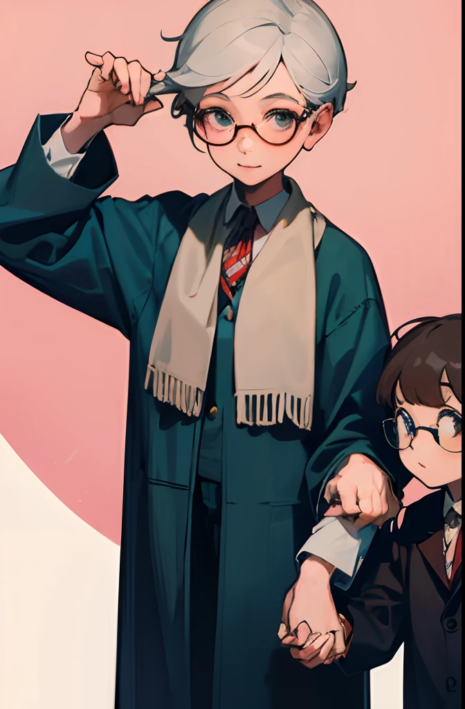 The bespectacled granny is in the middle,Left hand holding hand of a little girl,A little boy holding hands with his right hand,