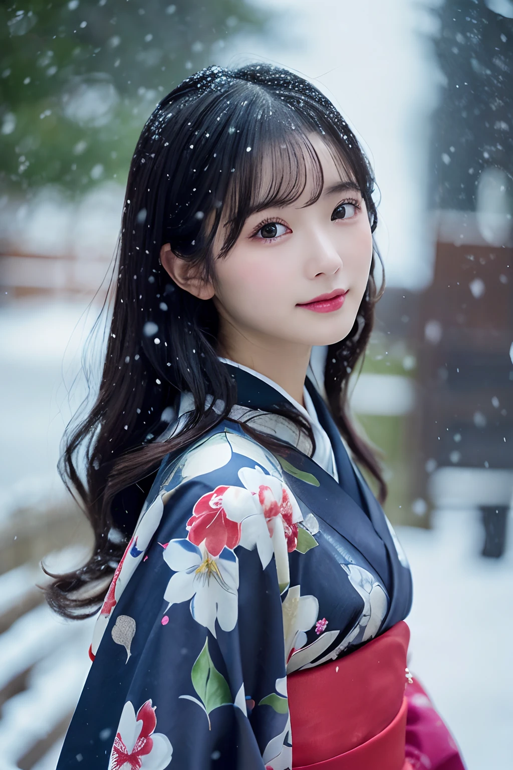 (Kimono)、、(top-quality,​masterpiece:1.3,超A high resolution,),(ultra-detailliert,Caustics),(Photorealsitic:1.4,RAW shooting,)Ultra-realistic capture,A highly detailed,high-definition16Kfor human skin、 Skin texture is natural、、The skin looks healthy with an even tone、 Use natural light and color,One Woman,japanes,,kawaii,A dark-haired,Middle hair,(depth of fields、chromatic abberation、、Wide range of lighting、Natural Shading、)、、(Falling snow:1.2)、(Hair swaying in the wind:1.2)、(Snow reflects light:1.2)、back lighting