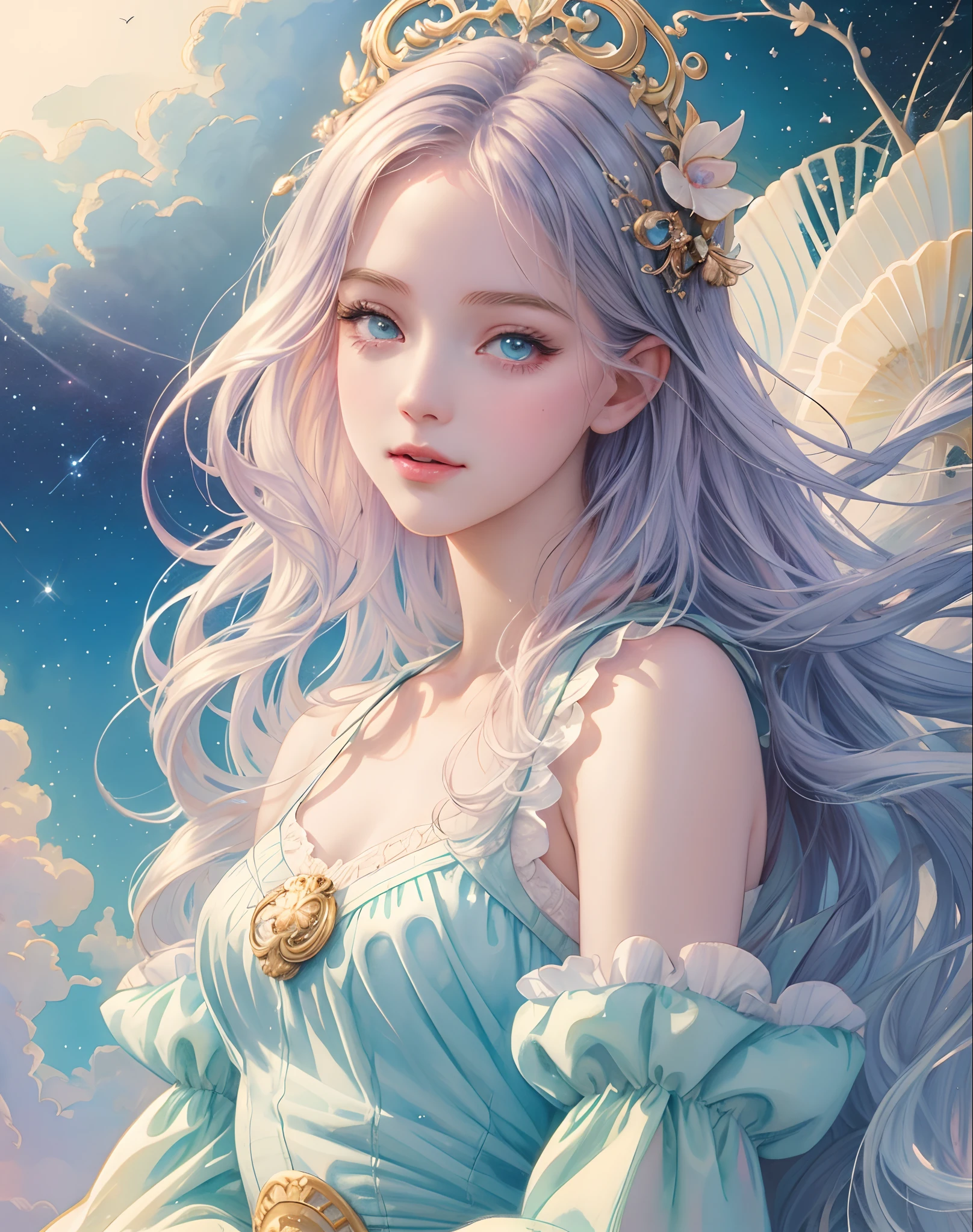 Princess girl with wing, Blue, Pastel, glitter, dramatic, dreamy, pastel, Watercolor, Whimsical, Delicate, seashell crown, Trending on Artstation, Highly detailed, Intricate, Portrait, digital painting, Fantasy theme, Fantasy robes, Fantasy concept art, Fantasy character art, Smug, Teenage girl, perfect body, full body, dreamy, pastel, Watercolor, Whimsical, Delicate, seashell crown, art by loish and lois van baarle, Trending on Artstation, Highly detailed, Intricate, Portrait, digital painting, (Cinematic Photo:1.3) of (Realistic:1.3),(Amusing:1.3) chibi, constellation, (1girl, solo:1.2), (chibi:1.3), eyeliner, eyelashes, looking at viewer, (shiny skin:0.16), (pale skin:0.33), (body blush:0.38), eyes beautiful, anime, realistic, masterpiece, best quality, movie still, cloud girl, floating in the sky, (close-up:1.1), bright, happy, fun, soft lighting,Highly Detailed,(Art Nouveau:1.3),(Baroque Art:1.3),(80s Art:1.3),naturalism,land Art,regionalism,shutterstock contest winner,trending on unsplash,featured on Flickr