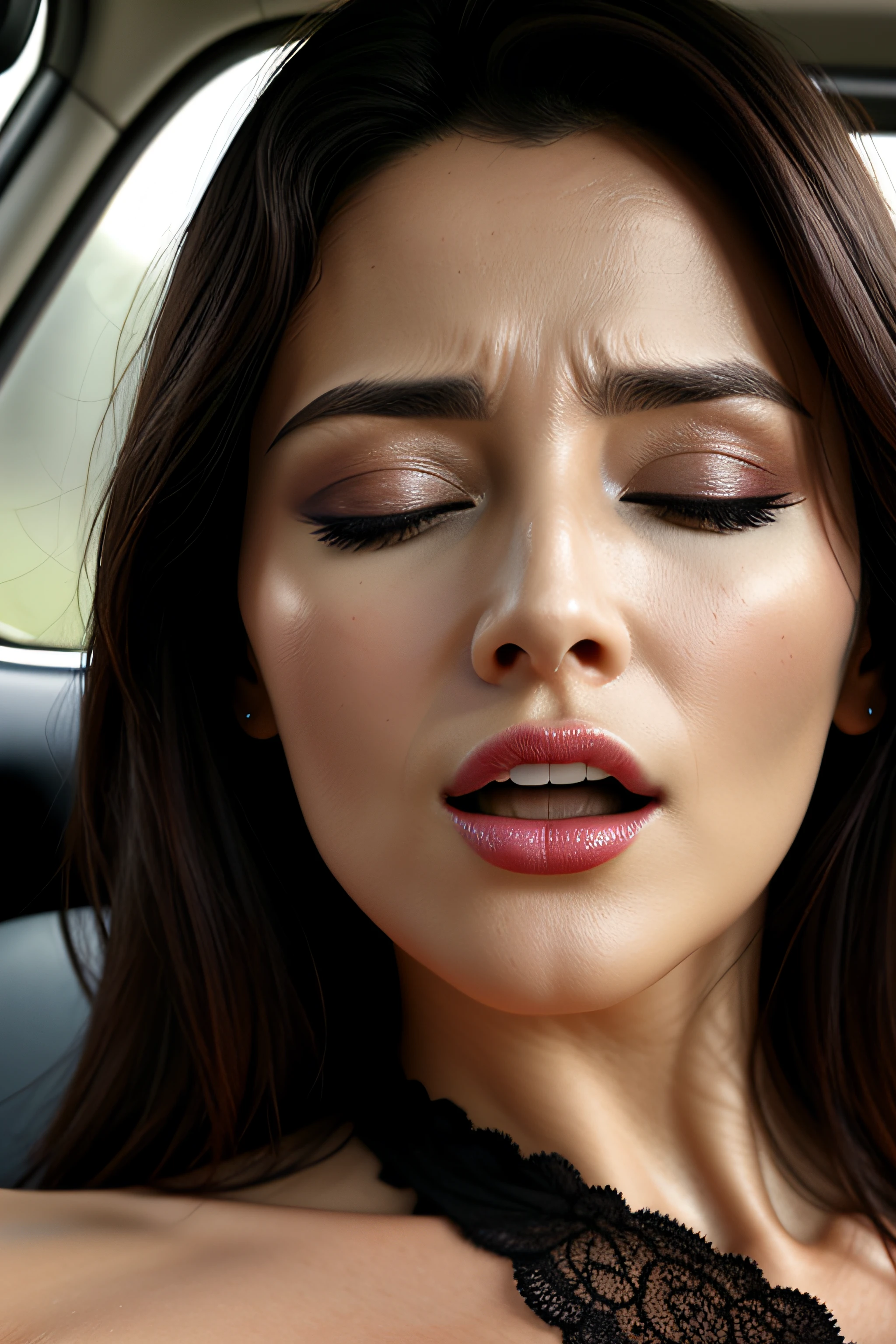 masutepiece,,award - winning photo, Extremely detailed, edgOrgasm,Face Focus, Face Close-up、(Woman with mouth open and eyes closed ), 18year old、A dark-haired、CNN News Anchor、Glossy skin、inside of a car、Close-up of face,frombelow、realistic nose,short cut hair、kiss