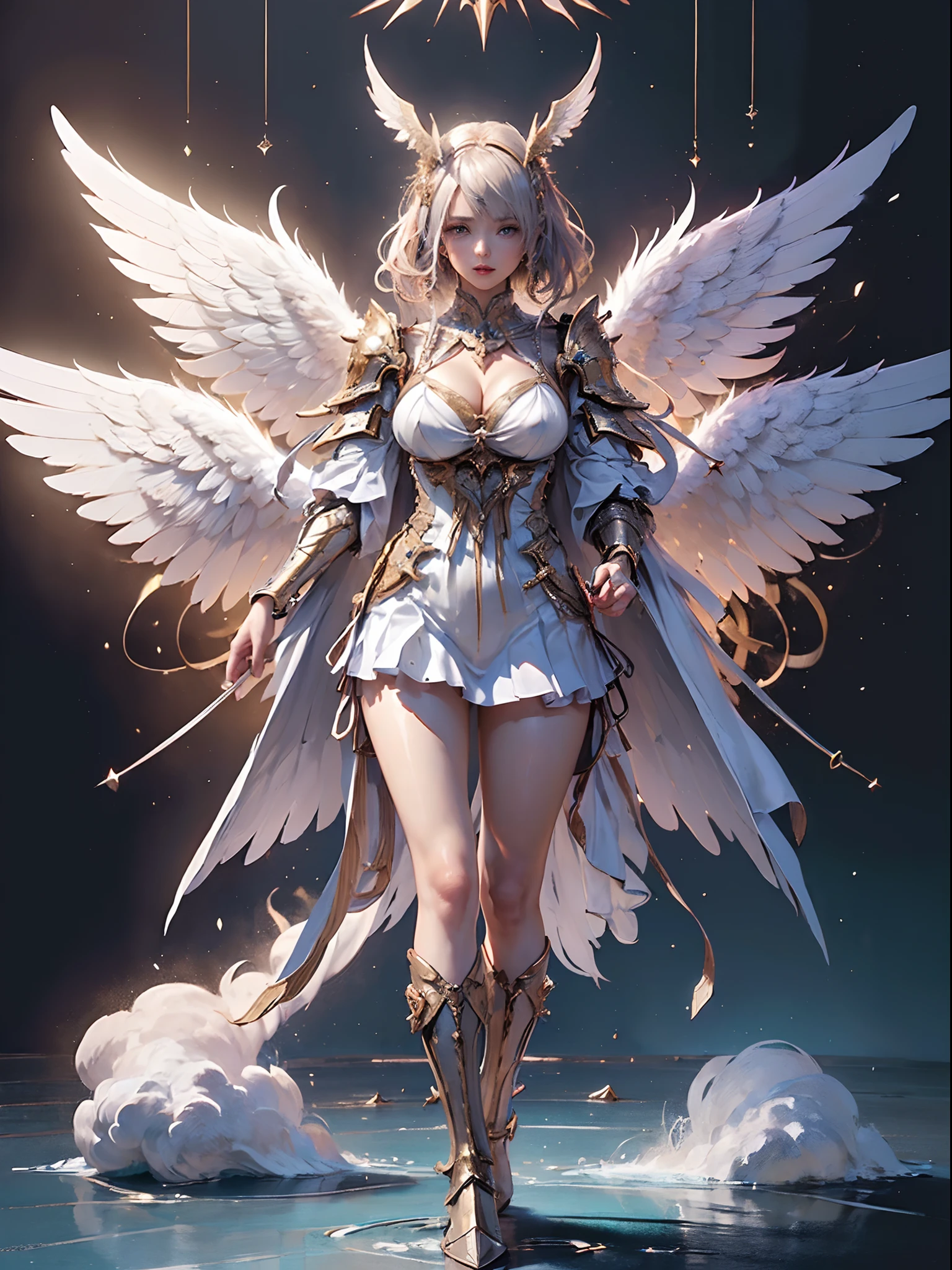 (( (tmasterpiece)，（Very detailed CG Unity 8K wallpaper），(bustshot:1.5), best qualtiy，cinmatic lighting，Photorealsitic, 细致背景，beatiful detailed eyes，Bright pupils，（Very fine and beautiful），（Beautiful and detailed eyes description），ultra - detailed，tmasterpiece，hight resolution)), Curly, ((Dressed in insanely sexy bikini armor:1.4)), Rose gold armor, Richly decorated armor, a beautiful woman warrior, Shorthair, Platinum Blonde Hair, cleavage of the breast, (Big angel wings on the back)