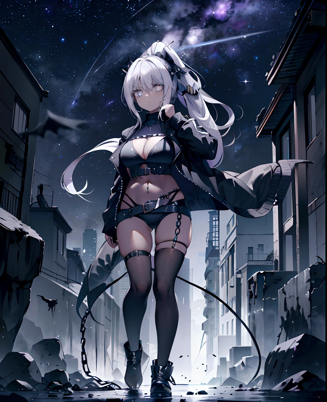 deer -h -r 540×960 /Devil Girl, masterpiece, high quality, positive view, Eye Level,(full body),(stone and sea background :1.2), night,(purple starry sky | blue starry sky),(gorgeous starry sky :1.3), handsome girl,(solo:1.3),((1girl)),(25 years old), (dark dark grey skin :1.5), gyaru, standing posture,(long white hair), long hair to waist,(fluffy white high ponytail,:1.2), bangs pinned back,(glowing grey eyes :1.2),(grey pupils :1.4),(prismatic large eyes :1.3), Grim expression, serious look, suit style clothing, (black devil horns :1.4), (black leather bikini :1.3), (suit jacket jacket :1.2), black tone clothing, (black large wide belt :1.3), \\\\(red armband \\\\), tactical bound legs, black leather boots, (steel hands), Fit, sexy, (large breasts), (tall), (extremely tall height :1.3), very tall, (chain decoration, inverted five-pointed star decoration)