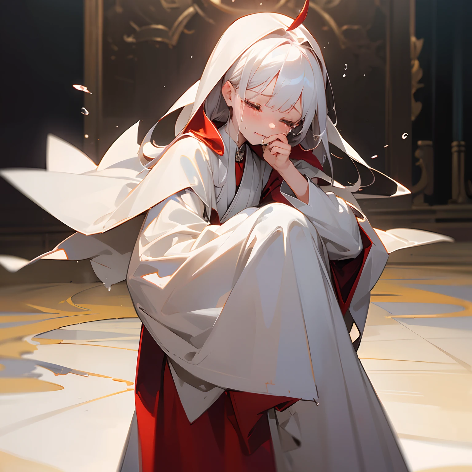 (masterpiece,top-quality),1 Devil Girl,white clothes,robe blanche,Crying face,is crying,Eyes closed