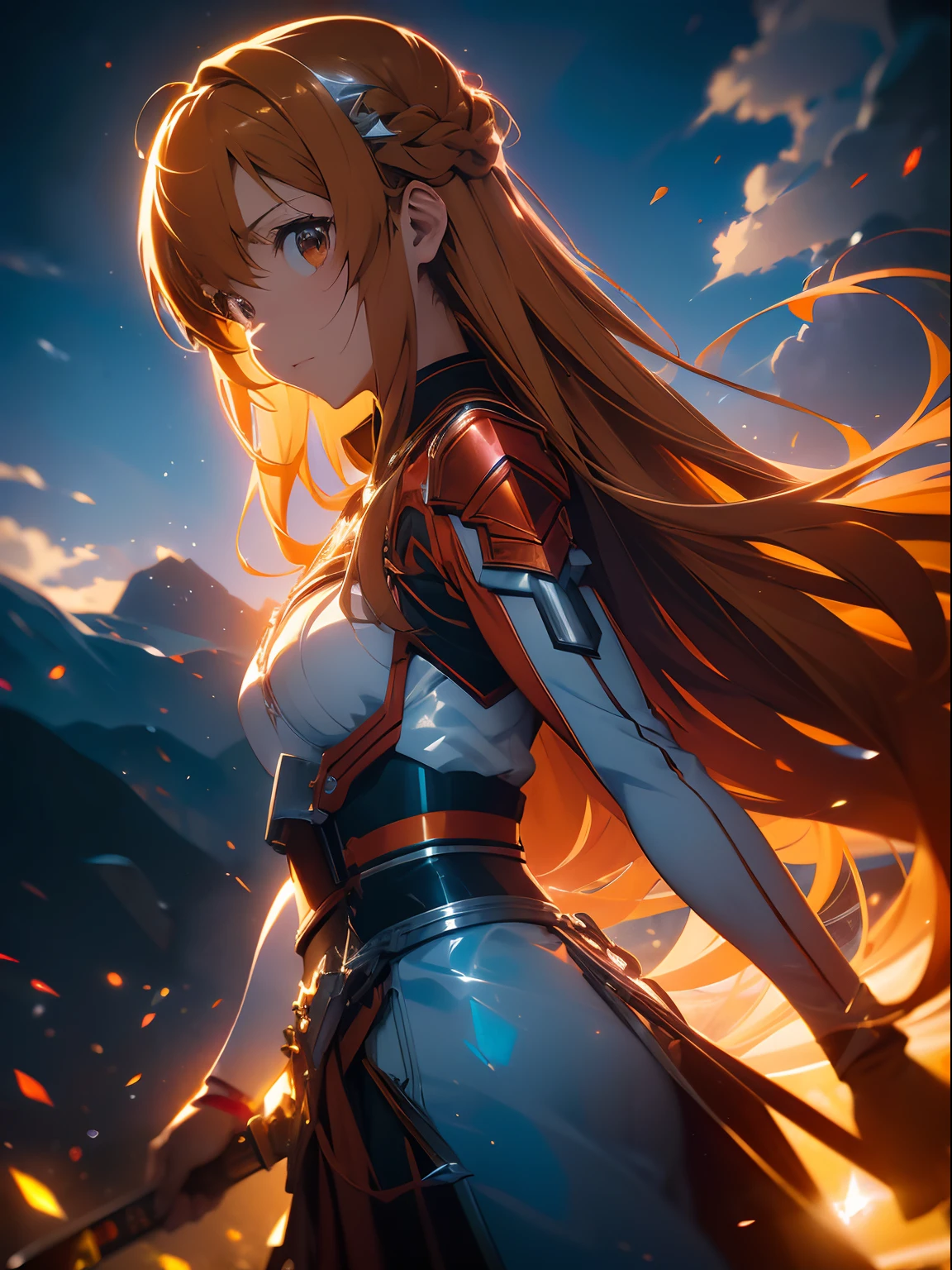 asunayuuki, orange color hair， With two glowing swords, White combat uniform, Sword Art Online Adaptation, Red strokes that simulate the speed of the character, Battle Mode, (Ultra-realistic), {extremely detailed 8k CG unit wallpaper}, Vast landscape photos, (A central view that prioritizes the entire character, (Wide Open Field View), (low  angle shot), (Highlight: 1.5), (low illuminance: 1.0), (Warm light source: 1.0), intricate-detail, (Iridescent colors: 1.5), (Bright lighting), (Atmospheric lighting), Sword Art Online, Dreamy, Anime