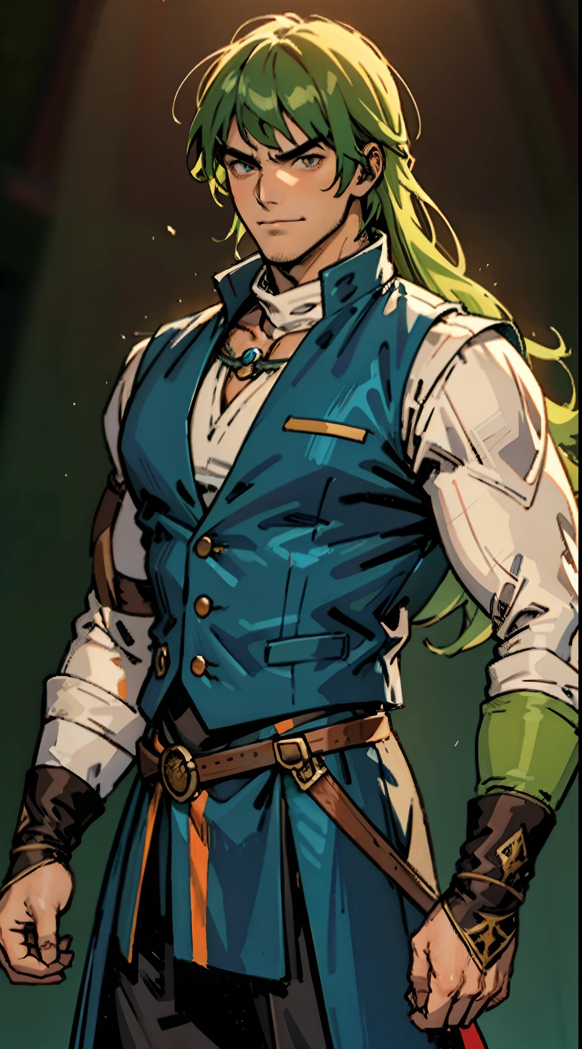 A young man, long orange-green hair, with the lengthy hair bangs covering most of his face, a fierce gaze, a wild smile, a red stripe on the side of his face, a loose and simple sleeveless dark vest, exposing his sturdy muscles, wearing fabric wrist guards, coarse cloth trousers matching the outfit, he clenches his fists in front of his chest, assuming a combat-ready stance, the backdrop features a bustling market in a medieval fantasy-style setting, this character embodies a finely crafted fantasy-style street thug in anime style, characterized by an exquisite and mature manga illustration art style, high definition, best quality, highres, ultra-detailed, ultra-fine painting, extremely delicate, professional, anatomically correct, symmetrical face, extremely detailed eyes and face, high quality eyes, creativity, RAW photo, UHD, 8k, Natural light, cinematic lighting, masterpiece-anatomy-perfect, masterpiece:1.5
