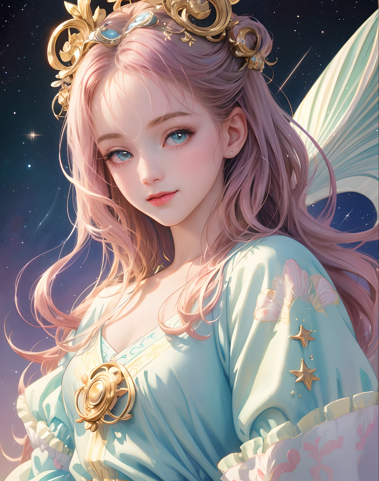 Princess girl with wing, Blue, Pastel, glitter, dramatic, dreamy, pastel, Watercolor, Whimsical, Delicate, seashell crown, Trending on Artstation, Highly detailed, Intricate, Portrait, digital painting, Fantasy theme, Fantasy robes, Fantasy concept art, Fantasy character art, Smug, Teenage girl, perfect body, full body, dreamy, pastel, Watercolor, Whimsical, Delicate, seashell crown, art by loish and lois van baarle, Trending on Artstation, Highly detailed, Intricate, Portrait, digital painting, (Cinematic Photo:1.3) of (Realistic:1.3),(Amusing:1.3) chibi, constellation, (1girl, solo:1.2), (chibi:1.3), eyeliner, eyelashes, looking at viewer, (shiny skin:0.16), (pale skin:0.33), (body blush:0.38), eyes beautiful, anime, realistic, masterpiece, best quality, movie still, cloud girl, floating in the sky, (close-up:1.1), bright, happy, fun, soft lighting,Highly Detailed,(Art Nouveau:1.3),(Baroque Art:1.3),(80s Art:1.3),naturalism,land Art,regionalism,shutterstock contest winner,trending on unsplash,featured on Flickr