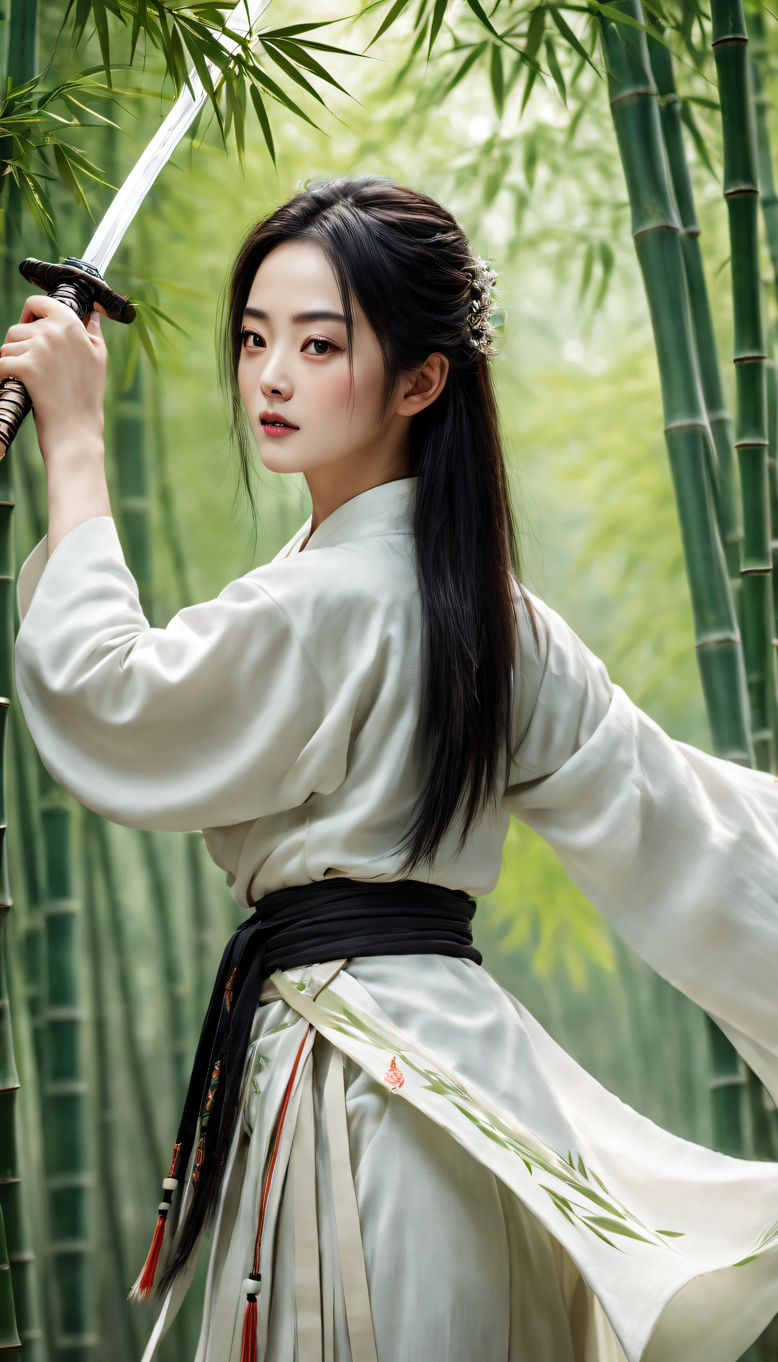 Original photographs of female martial arts, Black color hair,flowy,vivd colour(Hanfu:1.5),((cloth shoes))。(A sword in his hand),(dream magical:1.5)。(Wind in the bamboo forest), (The wind blows the leaves), ( High skin detail: 1.2), (Best quality,4K,8K,A high resolution,Masterpiece:1.2),(Realistic,Photorealistic,photo-realistic:1.37).