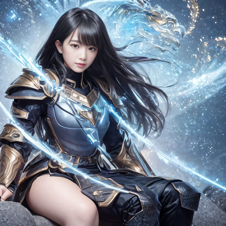 32K,复杂,ellegance,highly detailed,A majestic,Digital photography,Autumn cowboy shot,surrealism painting,Broken rubies,Beating magic,Entwined water magic,(tmasterpiece,Cinematic light,Fine beautiful eyes:1.2),hdr,Void 5 Energy Storm,(China 1 girl,Black eyes:1.5),paleskin,Glowing skin,(sitting on the stone:1.5),delicated face,Black color hair,Wearing palatial red armor,cropped shoulders,nabel,short skirt,Beautiful light blue armor,Rained,big breasts beautiful,looking at viewert,Face away from the camera,tmasterpiece,Side upper body,Side portrait close-up