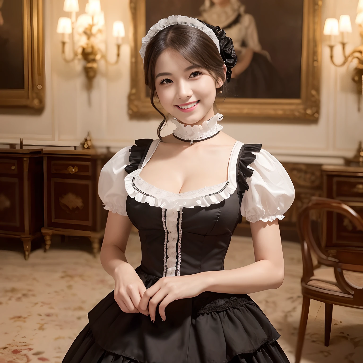 ((1 Beautiful Maid,Adult maid,30-years old,victorian maid, black and white maid uniform,Maid clothes with frills,Luxury Maid Clothing,Long skirt, Victorian Maid Costume,Wearing maid clothes,The background is the VIP room,Rooms in the mansion,mansion,Luxurious room,Detailed decoration of classy VIP rooms,Luxurious dining table,Sumptuous feast,There are a lot of treats lined up,Luxurious tables,Graceful Standing Maid)),(Emphasize body lines,large full breasts,The biggest smile staring at the camera,Looking at the camera,Top image quality, Top image quality, ​masterpiece, White teeth,Perfect smile,A big smile staring at the camera,high-definition RAW color photography, professional photograpy, extremely delicate and beautiful, Extremely detailed,finely detail, Huge file size,Top image quality,8K,Photos taken with a single-lens reflex camera)