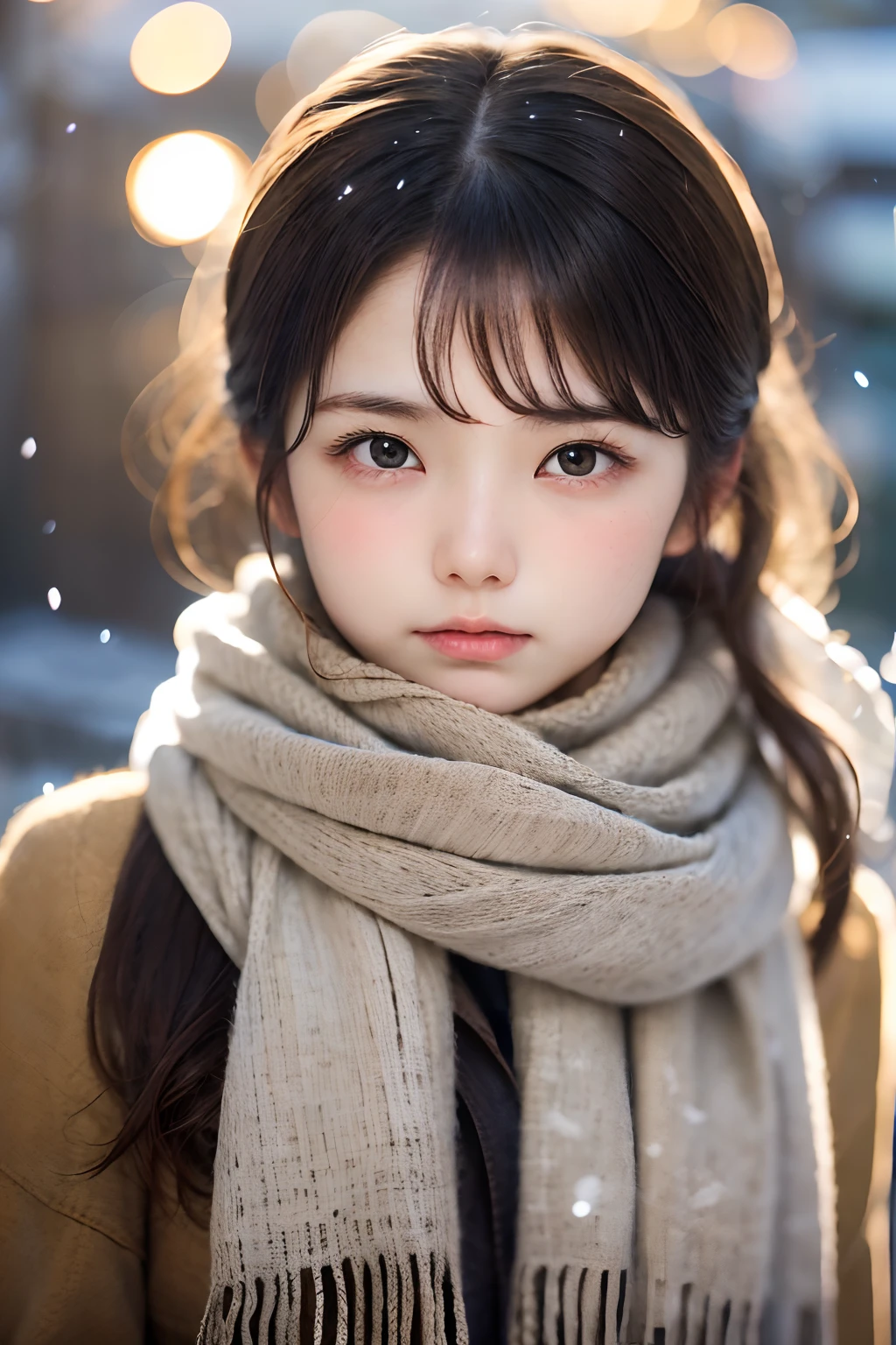 ((no-makeup、closes mouth:1.2))、(realisitic、Photorealsitic、ultra-detailliert、Highest Details Skins、top-quality、masterpiece、超A high resolution)、Cute Russian Woman、、hi-school girl、younggirl、1 girl in、I have bangs、ash blonde:1.7、二重まぶた、drooing eyes、Japanese style face、purity、Keep your mouth shut、Realistic skin type、Thick muffler、Grey muffler、fluffy hair、((Hair is inside the scarf:1.3))、Red cheeks、The wind is blowing、It's snowing、natta、illuminations、Lighting from behind