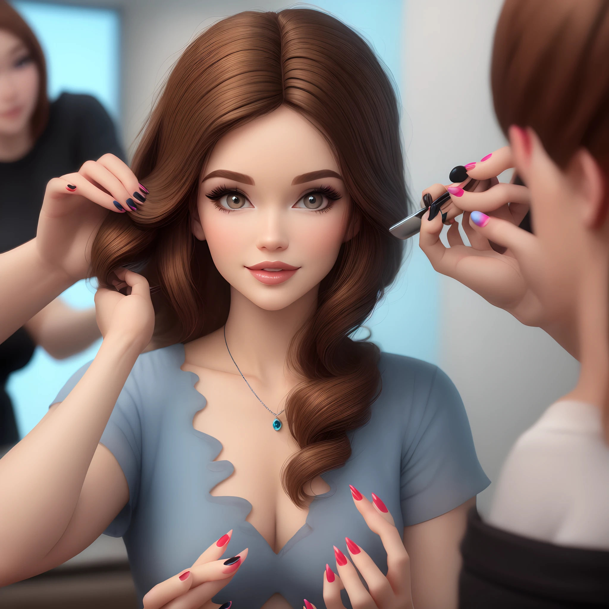 Disney Pixar style 3D character manicure with brown hair and nail polish in hand background a beauty salon