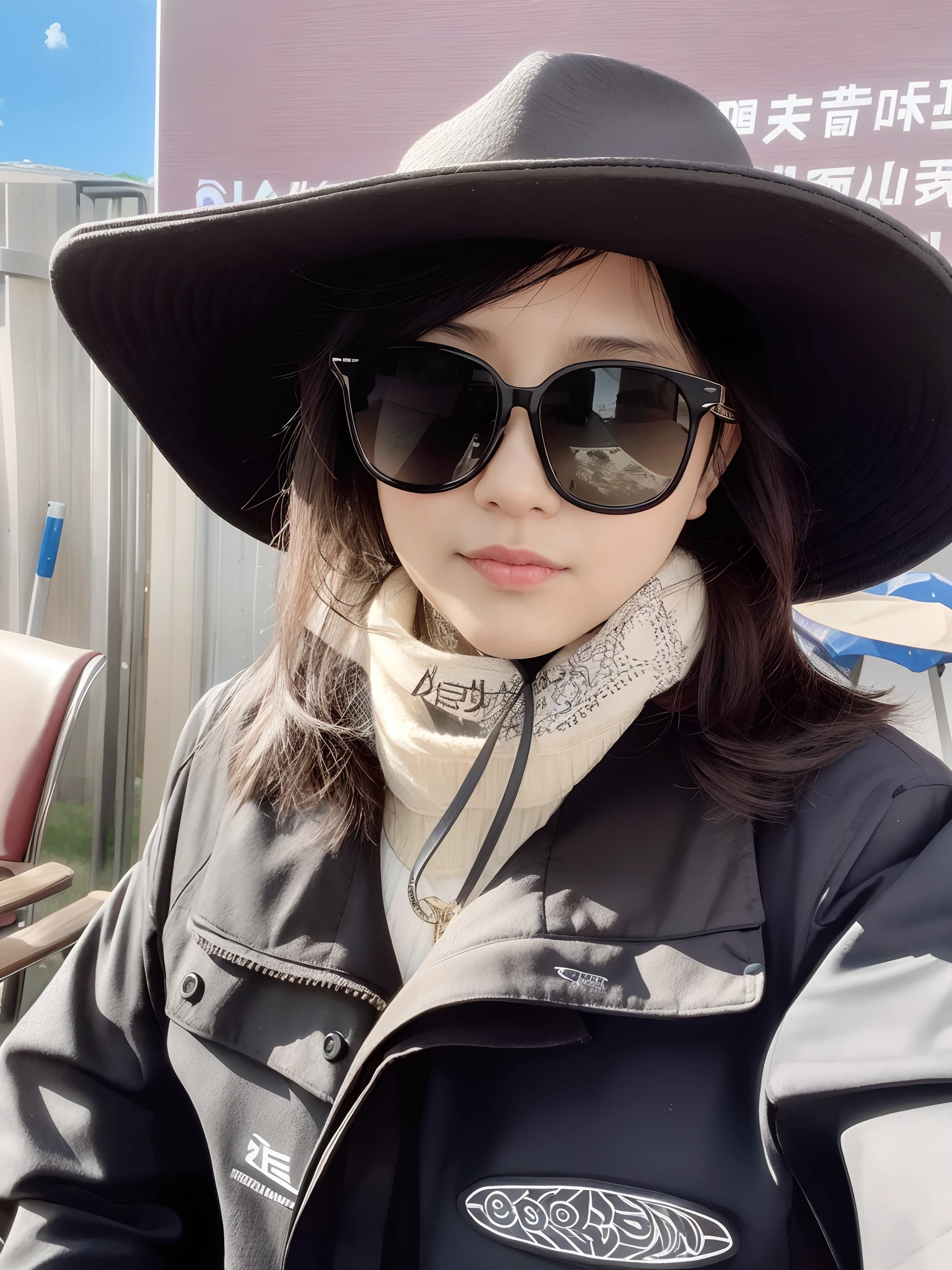 There is a woman wearing a hat and sunglasses sitting on a bench, wearing a travel hat, wearing sunglasses and a cap, 3 0 years old woman, 30 year-old woman, xintong chen, wenfei ye, 2 0 2 0 fashion, Wang Qichao, Li Zixin, kanliu666, 3 2 - year - old, jinyiwei