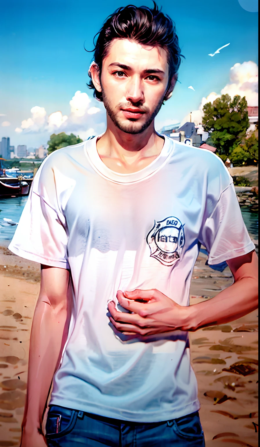there is a man standing on the beach with his hands on his hips, very very low quality picture, edited in photoshop, river in front of him, made with photoshop, he is wearing a black t-shirt, realistic picture, around 1 9 years old, extremely high quality scan, made in photoshop, high quality portrait, colorized photo, a colorized photo