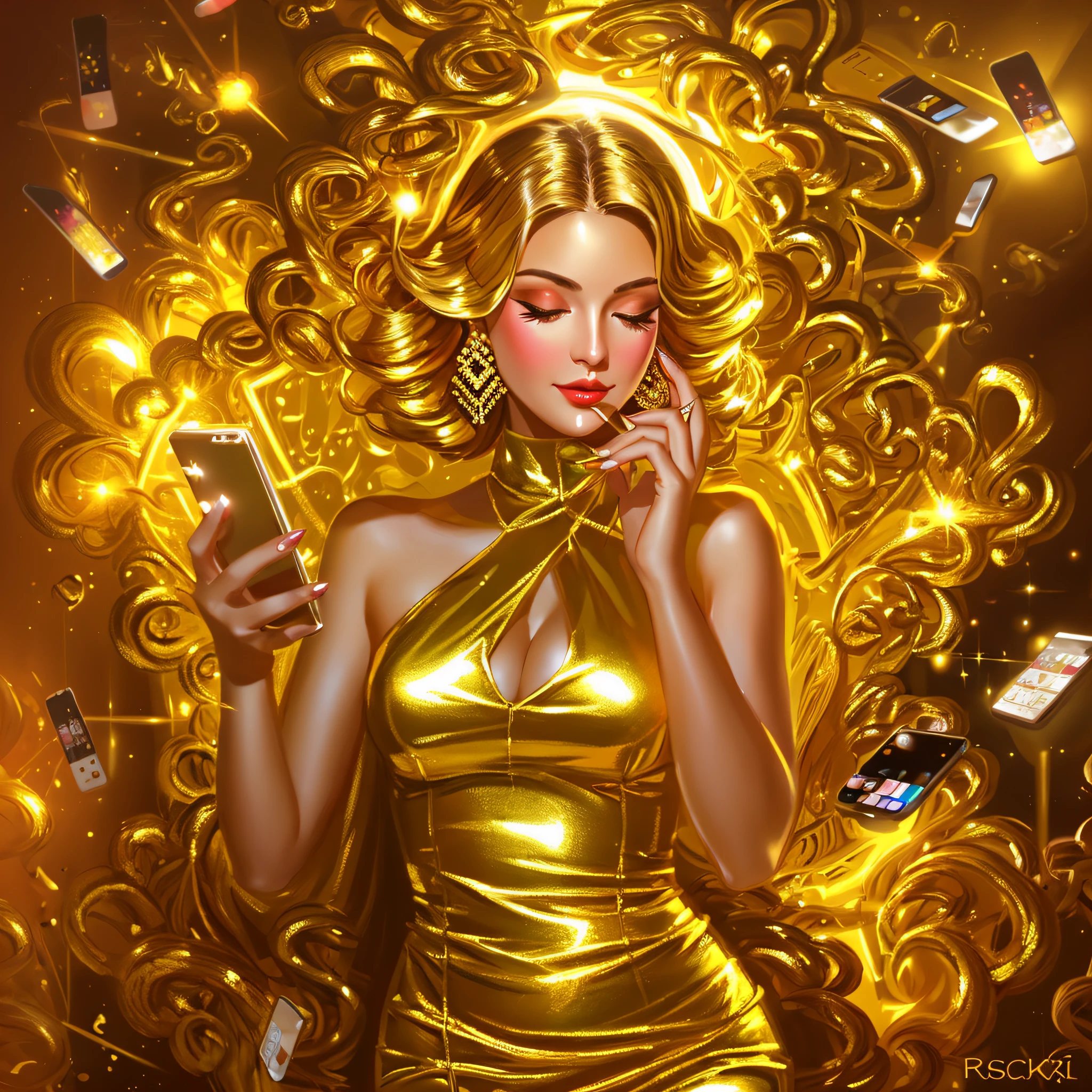 a close up of a woman in a gold dress holding a cell phone, in style of digital illustration, high quality 16k digital art, art cover illustration, goddess checking her phone, draped in shiny golden oil, exquisite digital illustration, rossdraws digital painting, commercial illustration, full color digital illustration, digital illustration -, comic digital art, by derek zabrocki