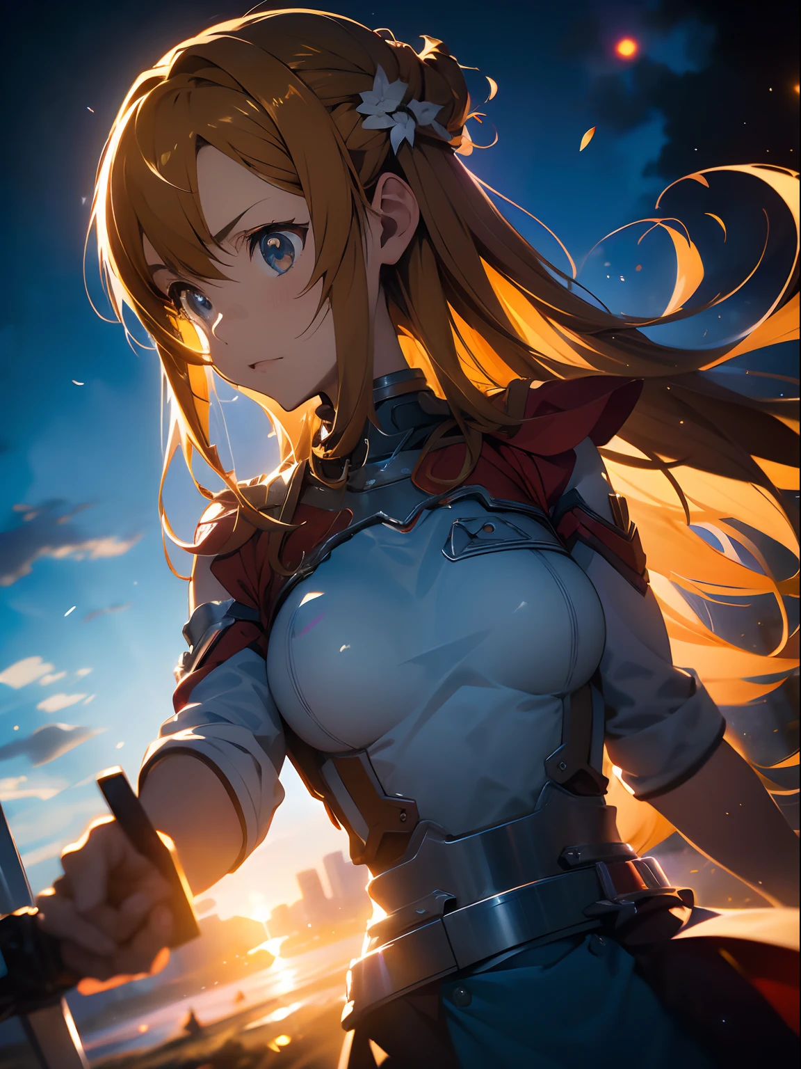 asunayuuki, orange color hair， Radiant and thin lance（spear）Have 2， White combat uniform, Sword Art Online Adaptation, Red strokes that simulate the speed of the character, Battle Mode, (Ultra-realistic), {extremely detailed 8k CG unit wallpaper}, Vast landscape photos, (A central view that prioritizes the entire character, (Wide Open Field View), (low  angle shot), (Highlight: 1.5), (low illuminance: 1.0), (Warm light source: 1.0), intricate-detail, (Iridescent colors: 1.5), (Bright lighting), (Atmospheric lighting), Sword Art Online, Dreamy, Anime