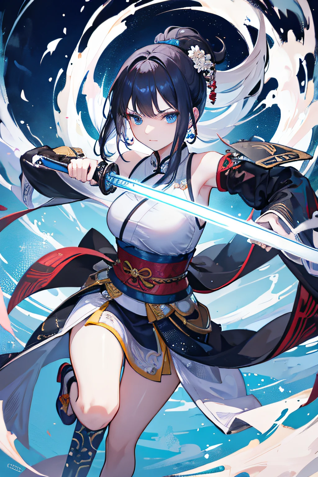 Woman of below average height, short black, Blue eyes. Woman wearing a traditional hanfu. flowing hair,confident and focused expression, dynamic pose. intricate sword movements, background is a traditional martial dojo Chinese.