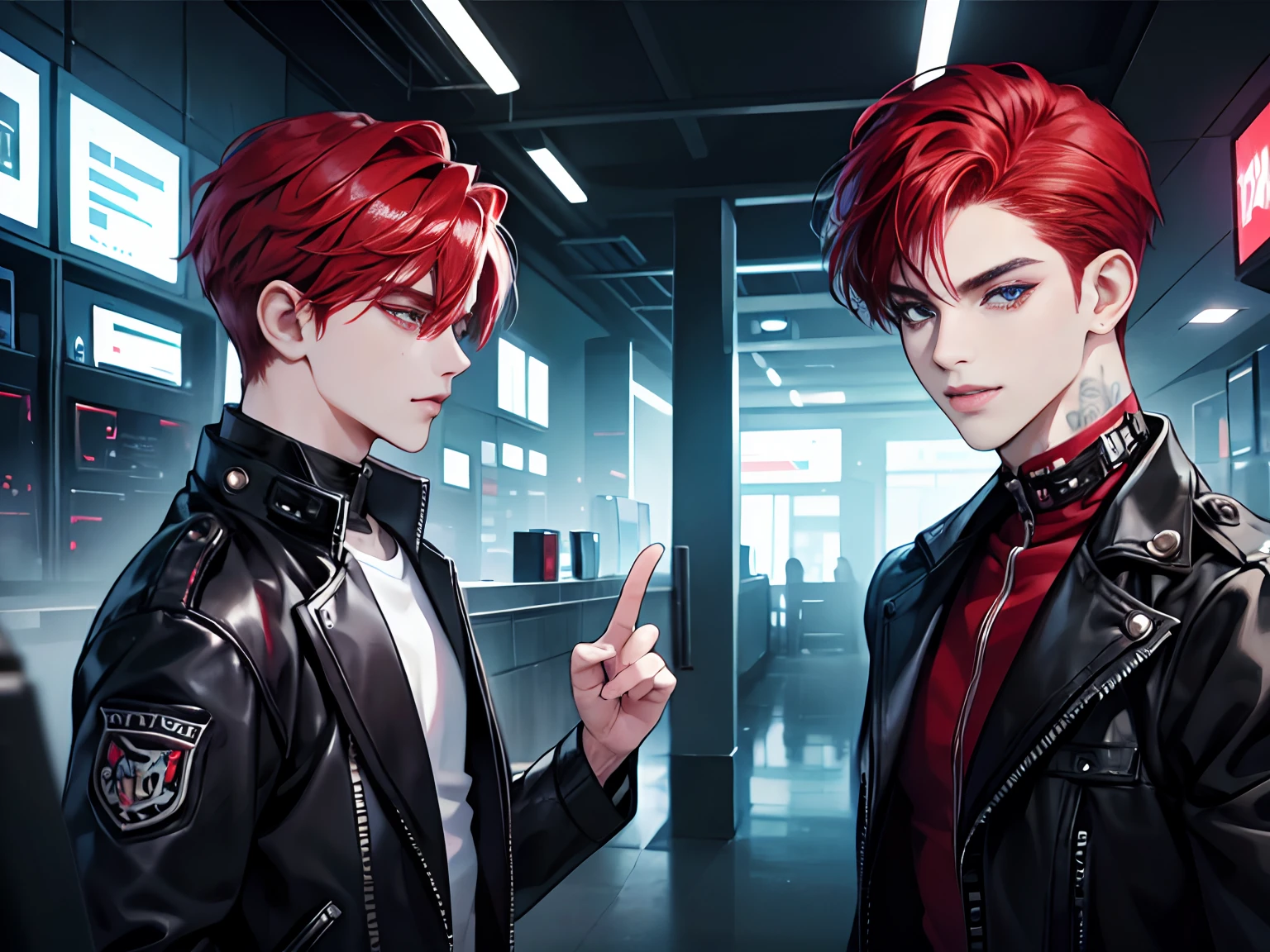 (A handsome boy with white hair holding an iron chain supports a red-haired boy wearing a yellow outfit with a collar and headphones as they open the door just returning home: 1.9) (Strong bond between friends: 1.8) (Youthful and energetic: 1.7) (Bright and vibrant color palette: 1.9) (Homecoming scene with a touch of mystery: 1.8)