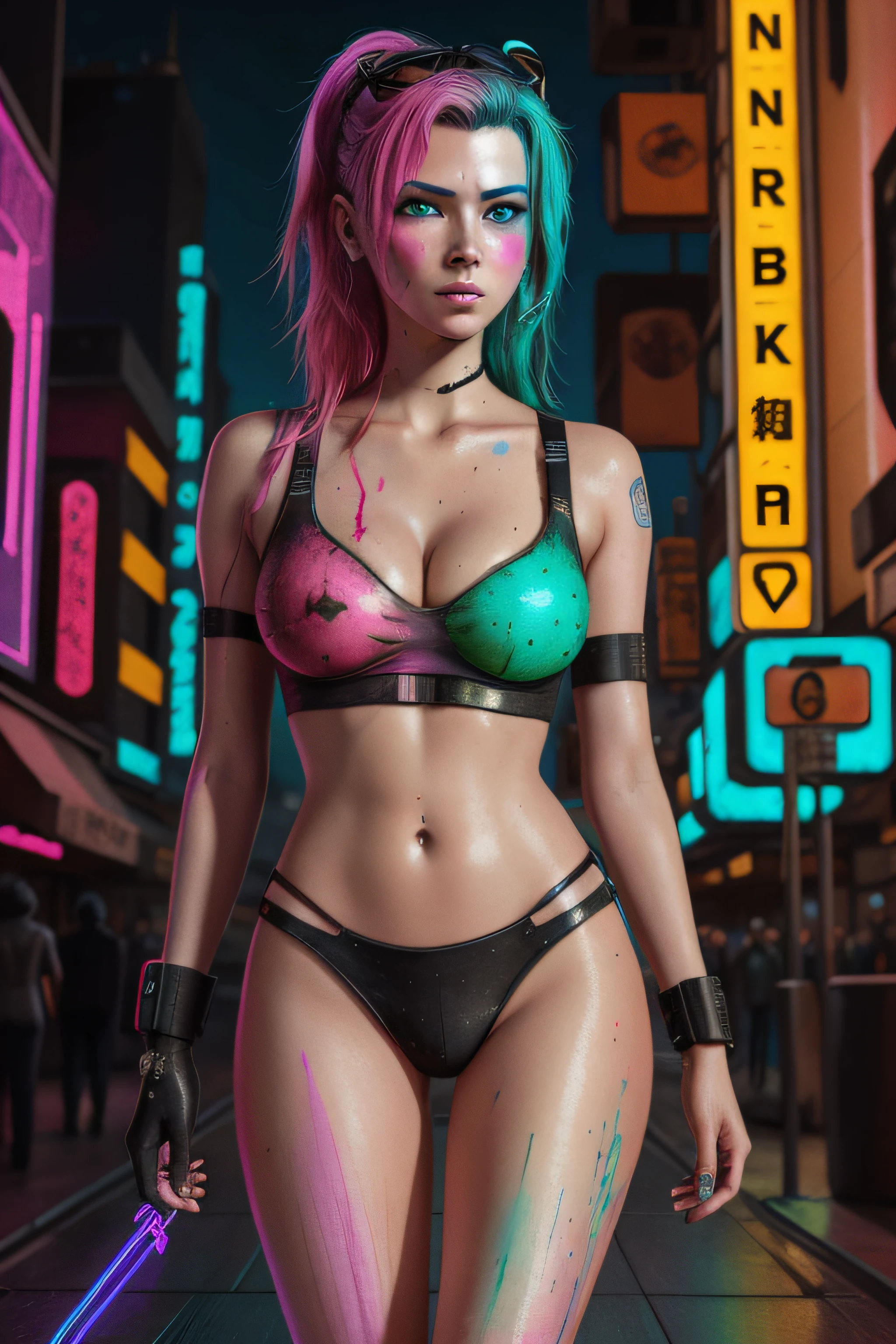 photo montage delightful cyberpunk photo model women colored pencil drawings from their pictures neon paint splattered on a poster