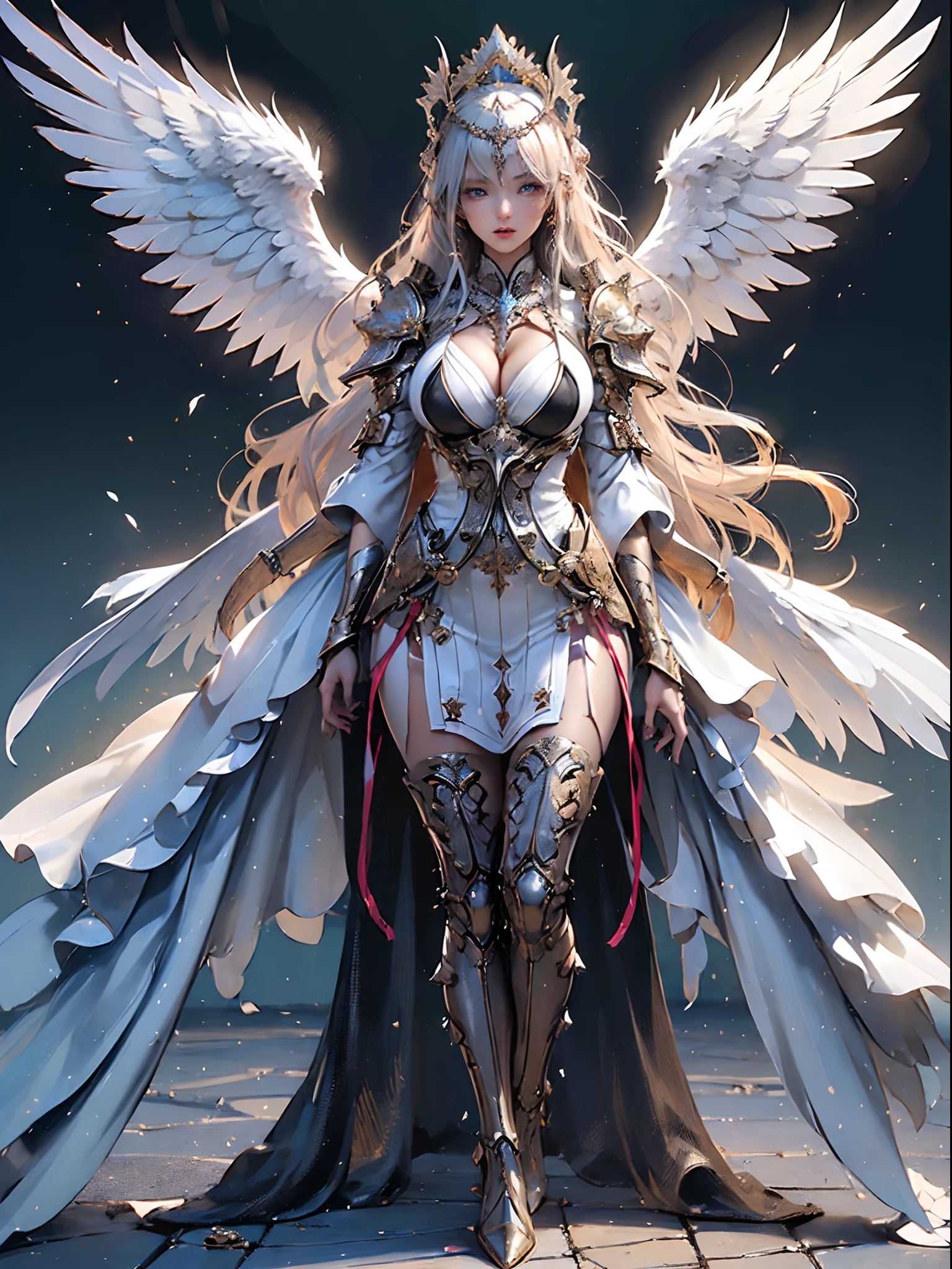 (( (tmasterpiece),(Very detailed CG Unity 8K wallpaper),(bustshot:1.5), best qualtiy,cinmatic lighting,Photorealsitic, 细致背景,beatiful detailed eyes,Bright pupils,(Very fine and beautiful),(Beautiful and detailed eyes description),ultra - detailed,tmasterpiece,hight resolution)), Curly, ((Dressed in insanely sexy bikini armor:1.4)), Rose gold armor, Richly decorated armor, a beautiful woman warrior, Shorthair, Platinum Blonde Hair, cleavage of the breast, (Big angel wings on the back)