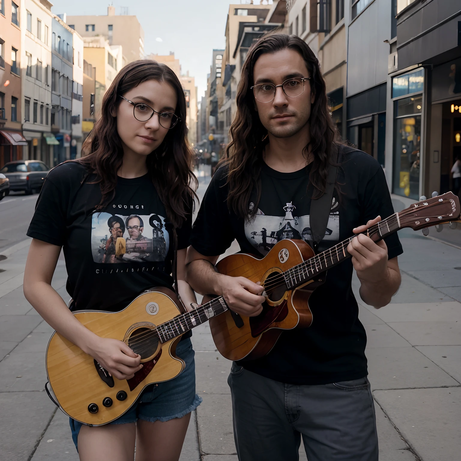 Criar personagem Disney/Pixar of a 35-year-old man with shaved hair wearing a black T-shirt and playing Lespaul guitar next to a 25-year-old woman in step-glasses with long, wavy hair on a city street with many buildings
