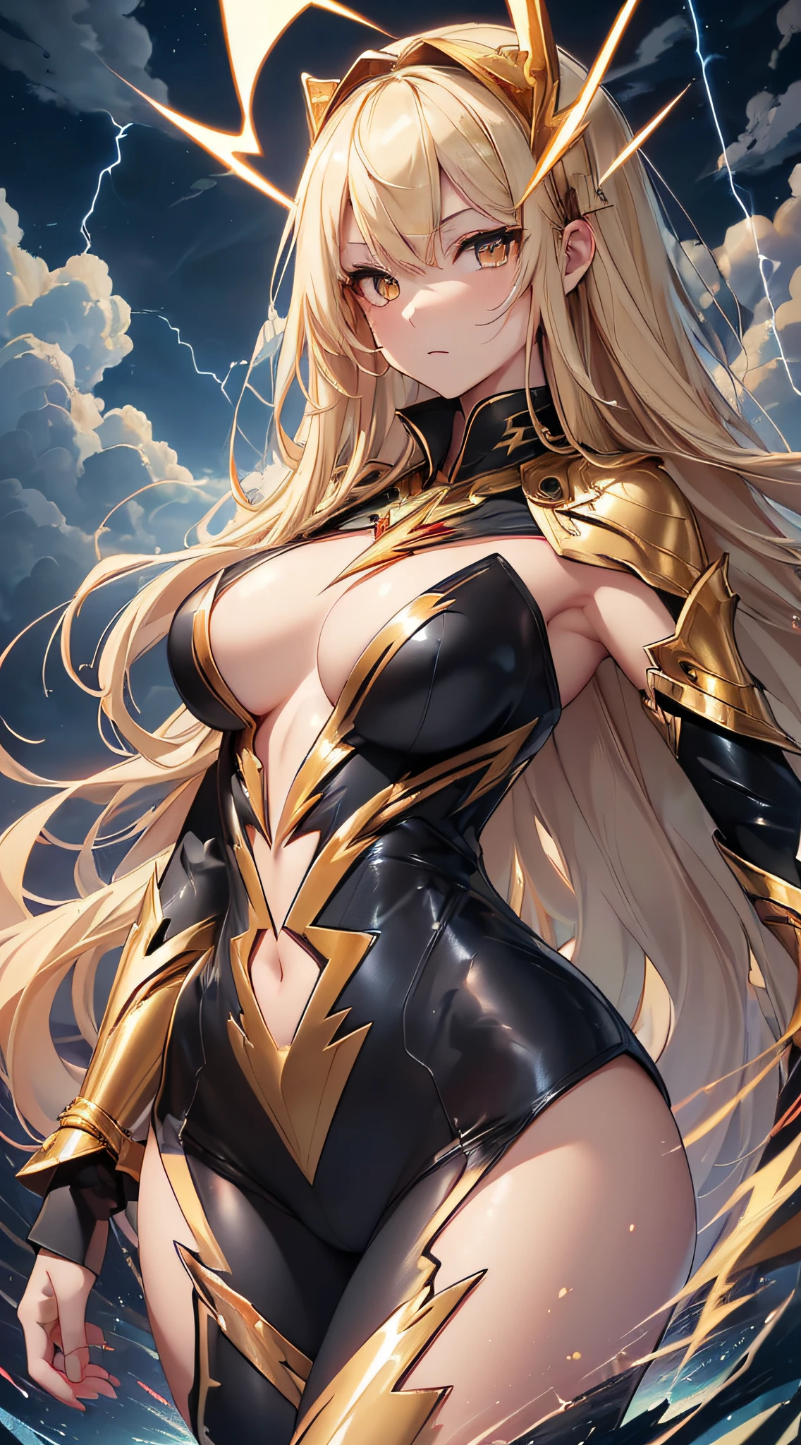 top-quality、Top image quality、masterpiece、girl with((18year old、Best Bust、big bast、Bust 85,beautiful golden eyes、Breasts wide open,Blonde long hair、A slender、Large valleys、Gold Bodysuit,Reflecting the whole body、Open your arms、Gold ring on wrist、Shoot lightning from your hands、Leaning forward))hiquality、Beautiful Art、Background with((nigh sky、black clouds、lightning bolt、Intense thunder、Thunderbolt、Red thunder、Blue lightning strike、Gold Thunder)))masutepiece、visualart、depth of fields、sky at night