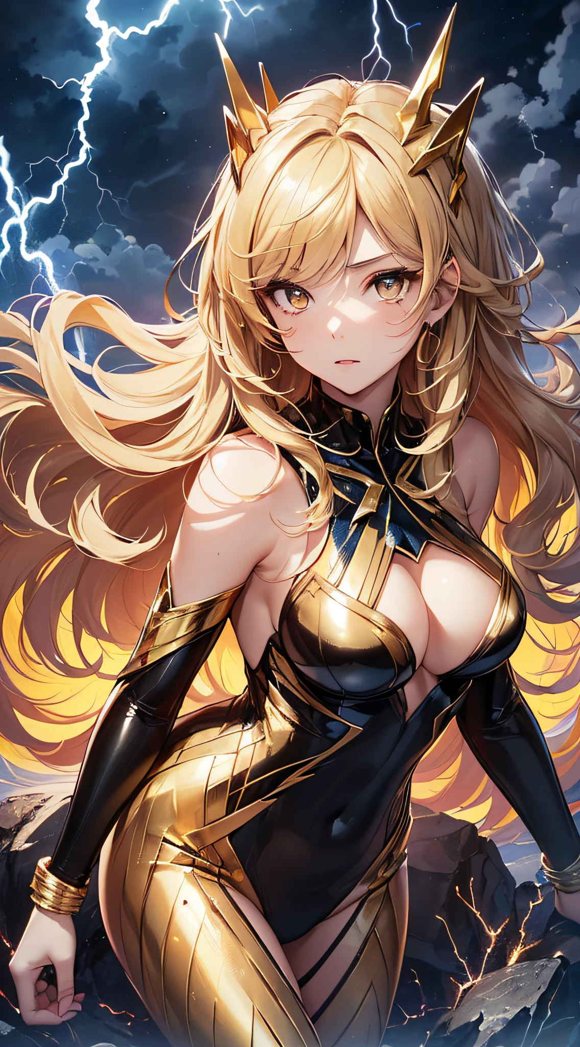 top-quality、Top image quality、masterpiece、girl with((18year old、Best Bust、big bast、Bust 85,beautiful golden eyes、Breasts wide open,Blonde long hair、A slender、Large valleys、Gold Bodysuit,Reflecting the whole body、Open your arms、Gold ring on wrist、Shoot lightning from your hands、Leaning forward))hiquality、Beautiful Art、Background with((nigh sky、black clouds、lightning bolt、Intense thunder、Thunderbolt、Red thunder、Blue lightning strike、Gold Thunder)))masutepiece、visualart、depth of fields、sky at night