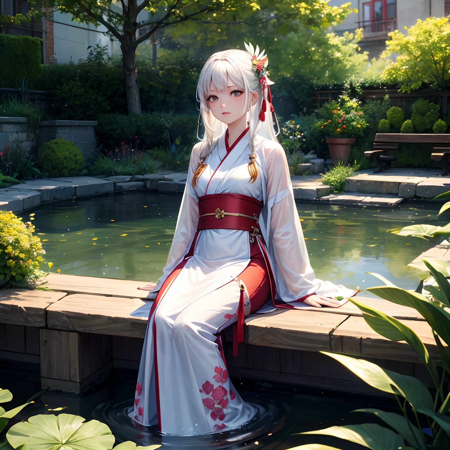 Illustration,ultra-detailliert,Detailed face,Rin々Nice face,Ancient style, spring garden, plein air, White hair, Hanfu, Nature, There is a pond in the middle of the courtyard, Begonia floating in the pond, Girl sitting on a bench in the hallway, wearing a transparent feather robe, Random body postures, Intricate details, Best Quality, Ray tracing, rendered, 8K, masutepiece