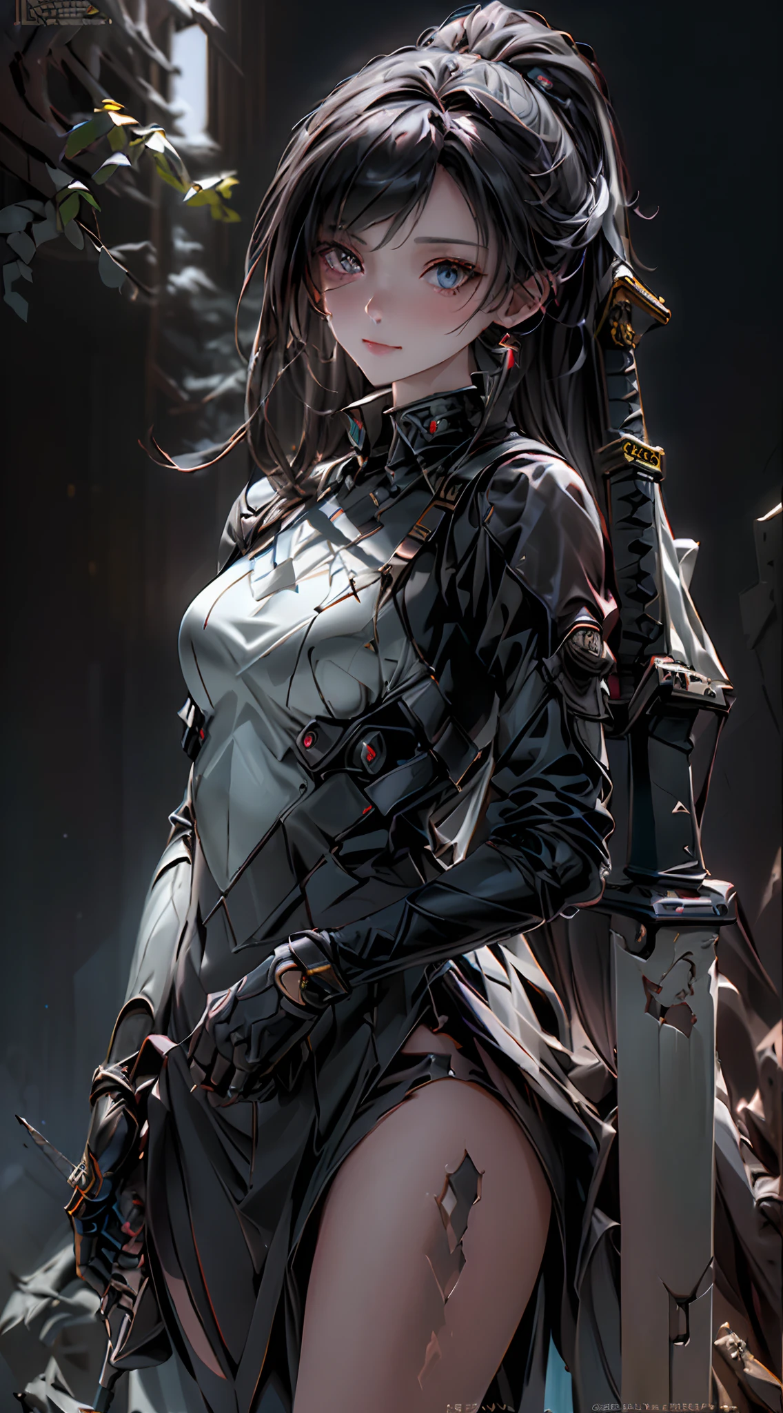 ((top-quality)), ((​masterpiece)), (detaileds:1.4), 。.。.。.。.3D, Beautiful Cyberpunk Woman Image,nffsw(HighDynamicRange),Ray traching,NVIDIA RTX,Hyper-Resolution,Unreal 5,Sub-surface scattering,PBR Texturing,Postprocess,Anisotropy Filtering,depth of fields,Maximum clarity and sharpness,multi-layer texture,Albedo and specular maps,Surface Shading,Accurate simulation of light-material interactions,perfectly proportions,Octane Rendering,Two-tone lighting,Wide aperture,Low ISO、White Balance、thirds rule、8K Raw、((Holding an assault rifle in your hand))(((Carrying a sword on his back)))