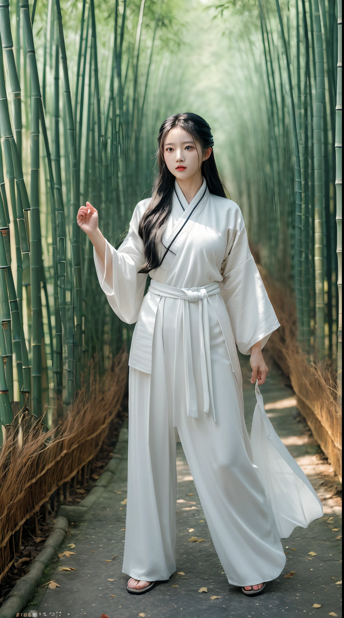 offcial art， Wallpapers，Beauty and aesthetics，A full-body photo of a female martial artist, Stand in a fighting stance, He had a sword in his hand, preparing to fight, Black color hair，flowy，vivd colour（Hanfu：1.5）。（dream magical：1.5）。(Wind in the bamboo forest), (The wind blows the leaves), ( High skin detail: 1.2), 8K  UHD, SLR camera, Soft lighting, High quality, filmgrain, Fujifilm XT3