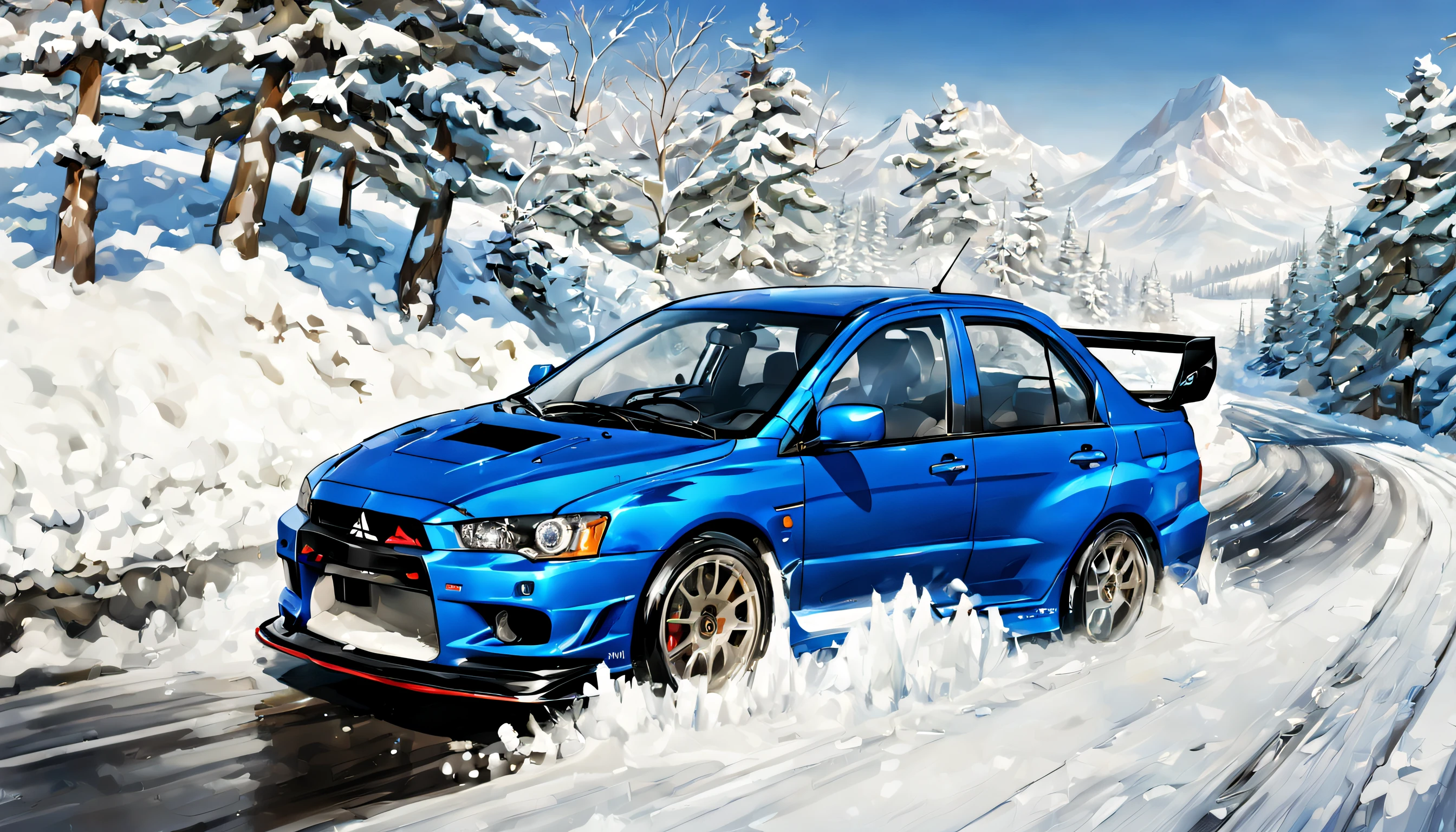 Mitsubishi lancer evo, bleu, route de montagne, neige, style manga