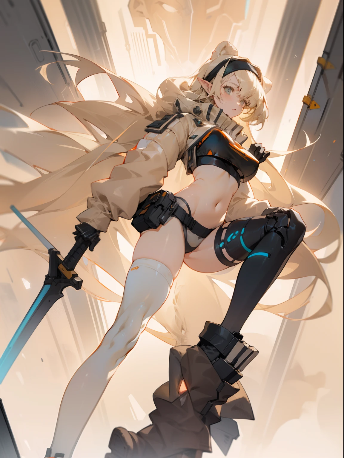 pointy ears,Long beige hair,one-girl,Bigboobs,White knee-length stockings,sporty attire,Stand up,holding a longsword,with headphones on,Cyberpunk elements,mechanical structure