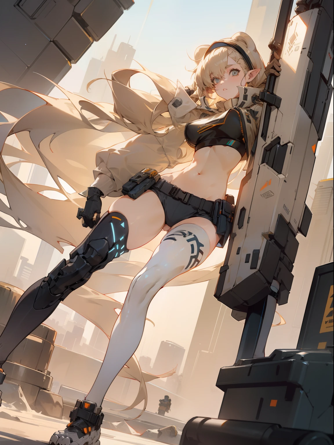 pointy ears，Long beige hair，one-girl，Bigboobs，White knee-length stockings，sporty attire，Stand up，holding a longsword，with headphones on，Cyberpunk elements，mechanical structure