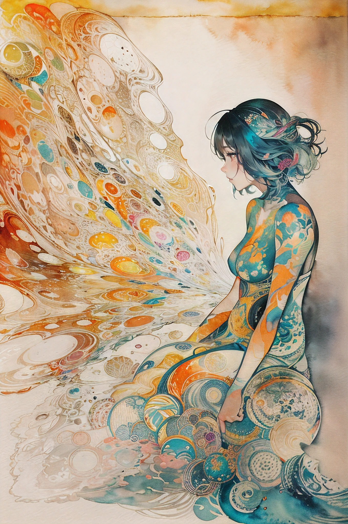 Beautiful profile(Ink on Japanese paper, which tends to bleed easily)(contemporary art like a picture book) (transparent watercolor) (light itself expressed as real) (layers of soft, rich colors) (shades of paint dissolved thinly with water) (deep, delicate colors)