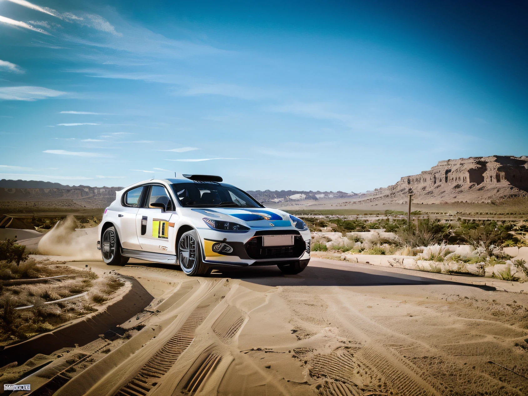 1 car, rally car, fast car, desert, liveries, ultra sharp image, high definition, cinematic lighting, high resolution, high quality, 8k, neoprene, ultra sharp focus