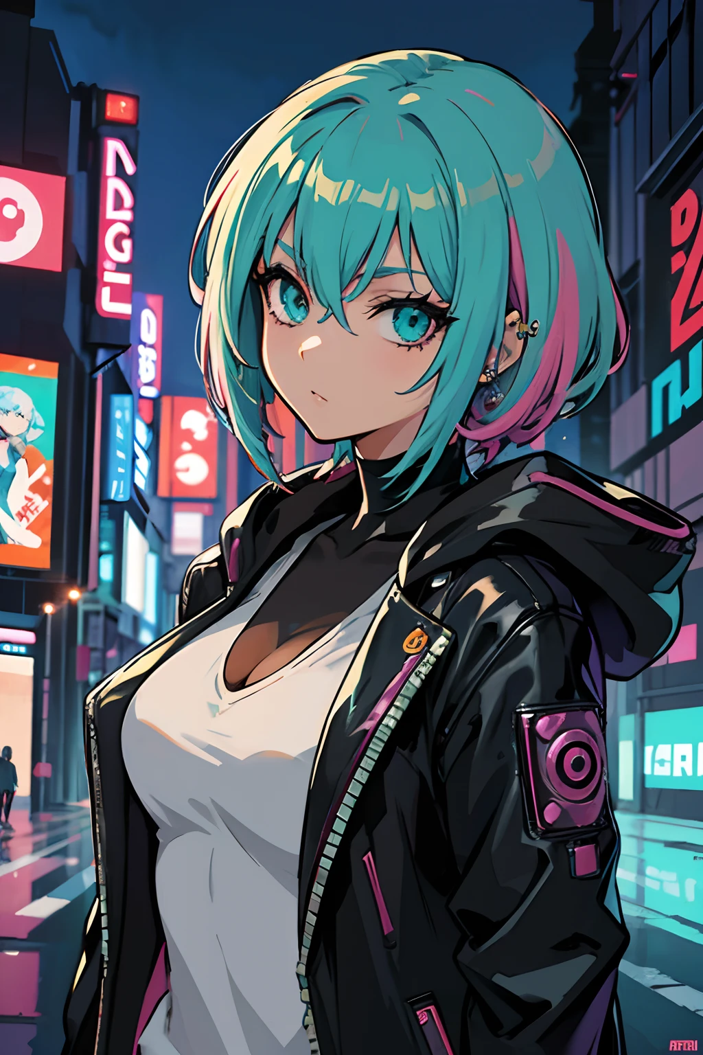 uma mulher com cabelos coloridos e piercings usando um top verde, rossdraw desenho animado vibrante, RossDraw pastel vibrante, Arte de anime cyberpunk, Estilo de arte cyberpunk, arte de anime cyberpunk, anime vibes, cor estilo cyberpunk, decora inspired illustrations, Digital Cyberpunk - Arte de Anime, 8 0 s vibe anime, garota anime cyberpunk, arte digital do anime cyberpunk, arte estilo anime