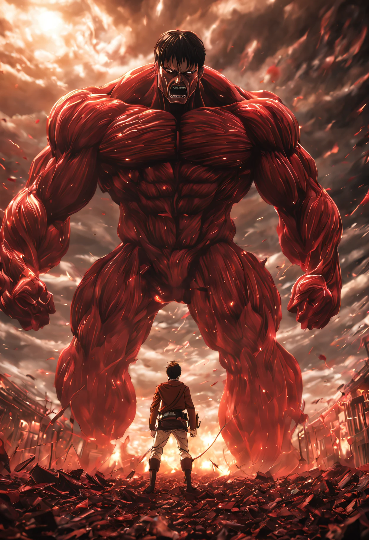 masterpiece, cinematic scene, award winning, Attack on titan, Levi versus Colossal Titan, Volumetric lighting, Studio Wit anime style, (epic composition, epic proportion), HD