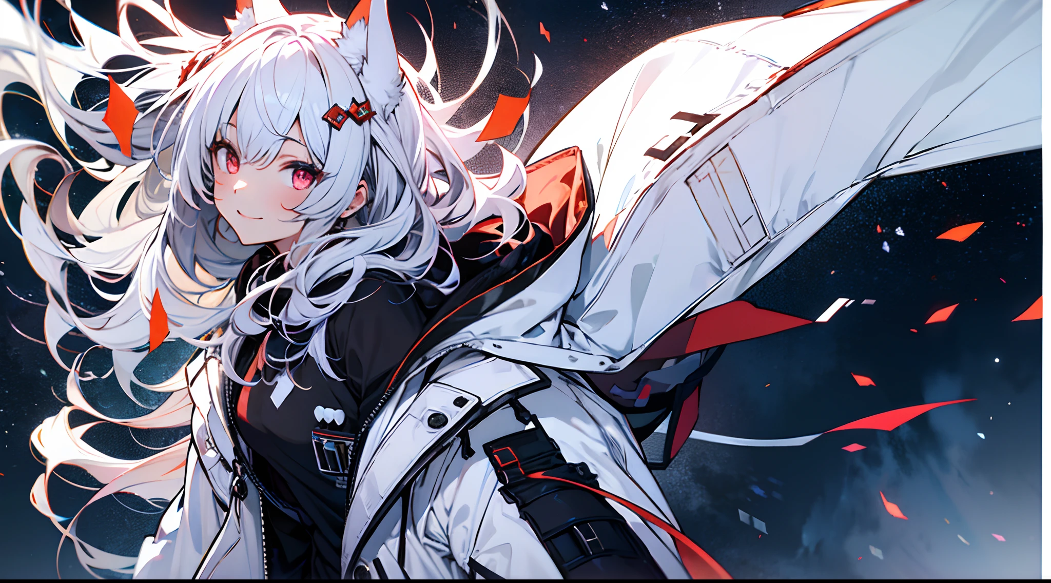 1girll,Red eyes, White color blouse, White emanates,Frontal overlook, light particules, ssmile, starrysky, fox ear, 无袖, bare shoulders, By bangs,( She wears a white hooded trench coat,There are fluff on it), tilt of the head,Pantyhose, black glove, beatiful detailed eyes, detailed back ground,