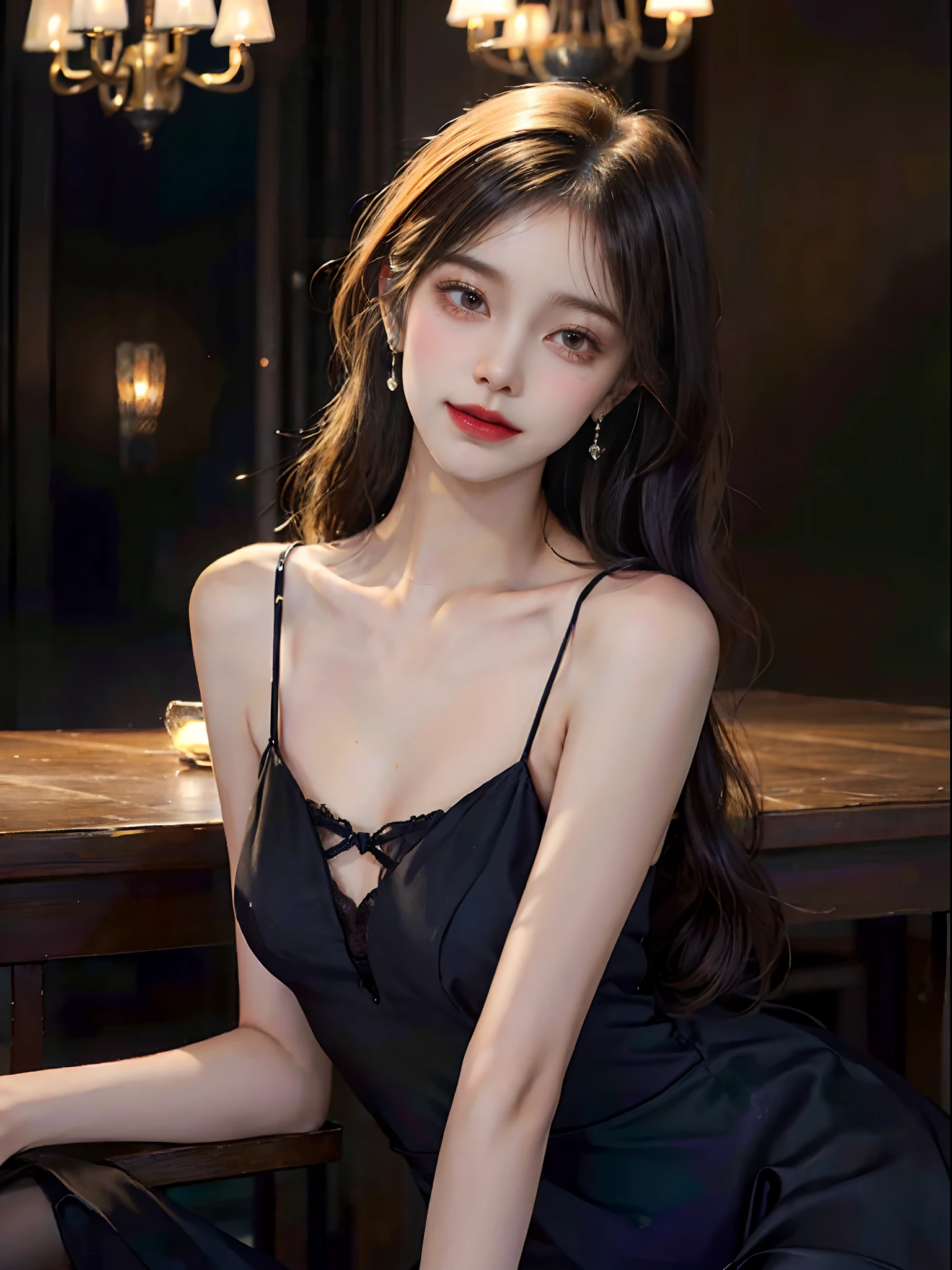 (from below), A young girl, the night, lamplight, In the bar, Sit Pose, Leaning against the bar, Cross ed leg, posing elegantly, warm lights, a warm color palette, ((black long dress, DEEP-V COLLAR, high-waist)), Detailed scenes, Long messy hair, Brownish-yellow hair, light make-up, Blushlush, Nice slender legs, (Extremely high color saturation), Detailed details, ultra-detailliert, (tmasterpiece, best qualtiy), (An extremely delicate and beautiful work), Delicate earrings, Delicate necklace, Simple blurred background, Extreme detail description, Ultra-fine painting, Delicate face, slim toned body, Slimming the waist, grin