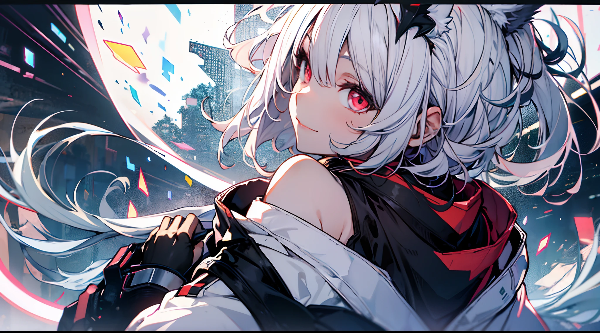 1girll，Red eyes， White color blouse， White emanates，Frontal overlook， light particules， ssmile， starrysky， fox ear， 无袖， bare shoulders​， By bangs，（ She wears a white hooded trench coat，There are fluff on it）， tilt of the head，Pantyhose, black glove,  beatiful detailed eyes， detailed back ground，