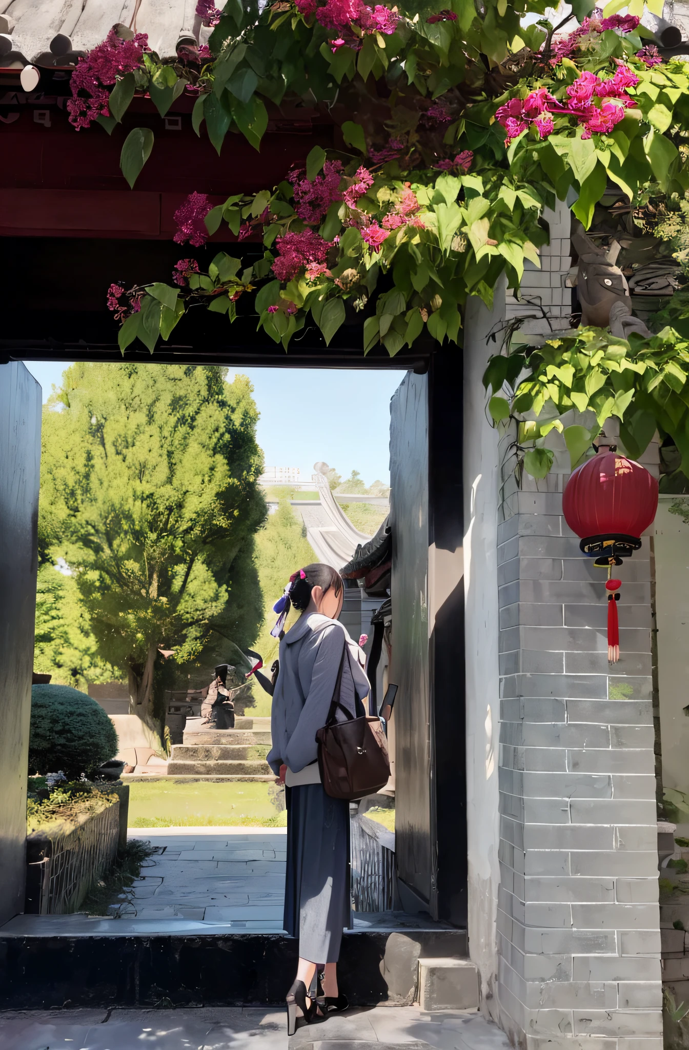 A woman stood in the doorway carrying a backpack, ancient garden behind her, su fu, Chinese style, inspired by Chen Daofu, inspired by Ma Yuanyu, Middle metaverse, with a figure in the background, in front of temple, inspired by Hu Jieqing, inspired by Yao Tingmei, with ancient chinese aesthetic