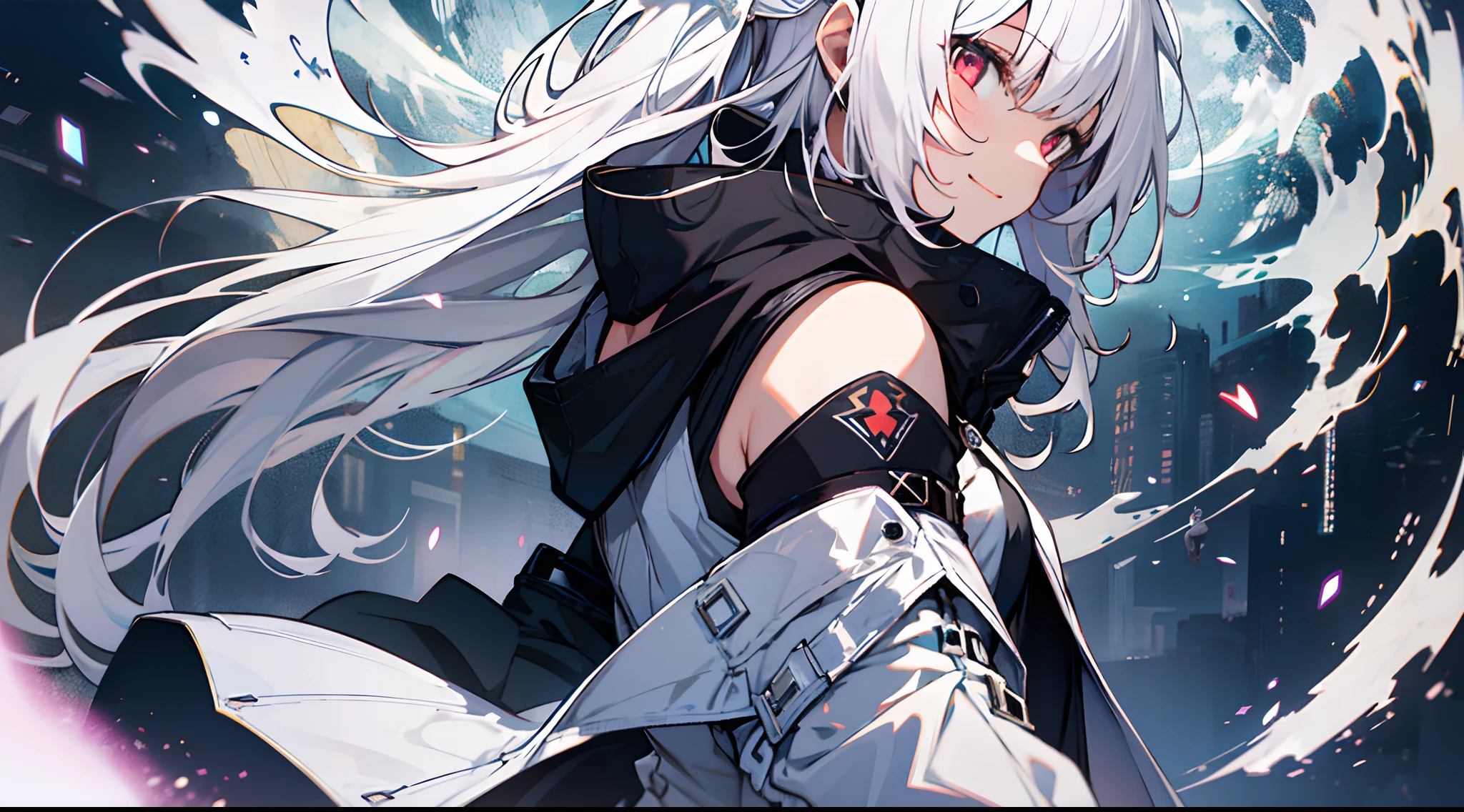 1girll，Red eyes， White color blouse， White emanates，Frontal overlook， light particules， ssmile， starrysky， fox ear， 无袖， bare shoulders​， By bangs，（ She wears a white hooded trench coat，There are fluff on it）， tilt of the head，Pantyhose, black glove,  beatiful detailed eyes， detailed back ground，