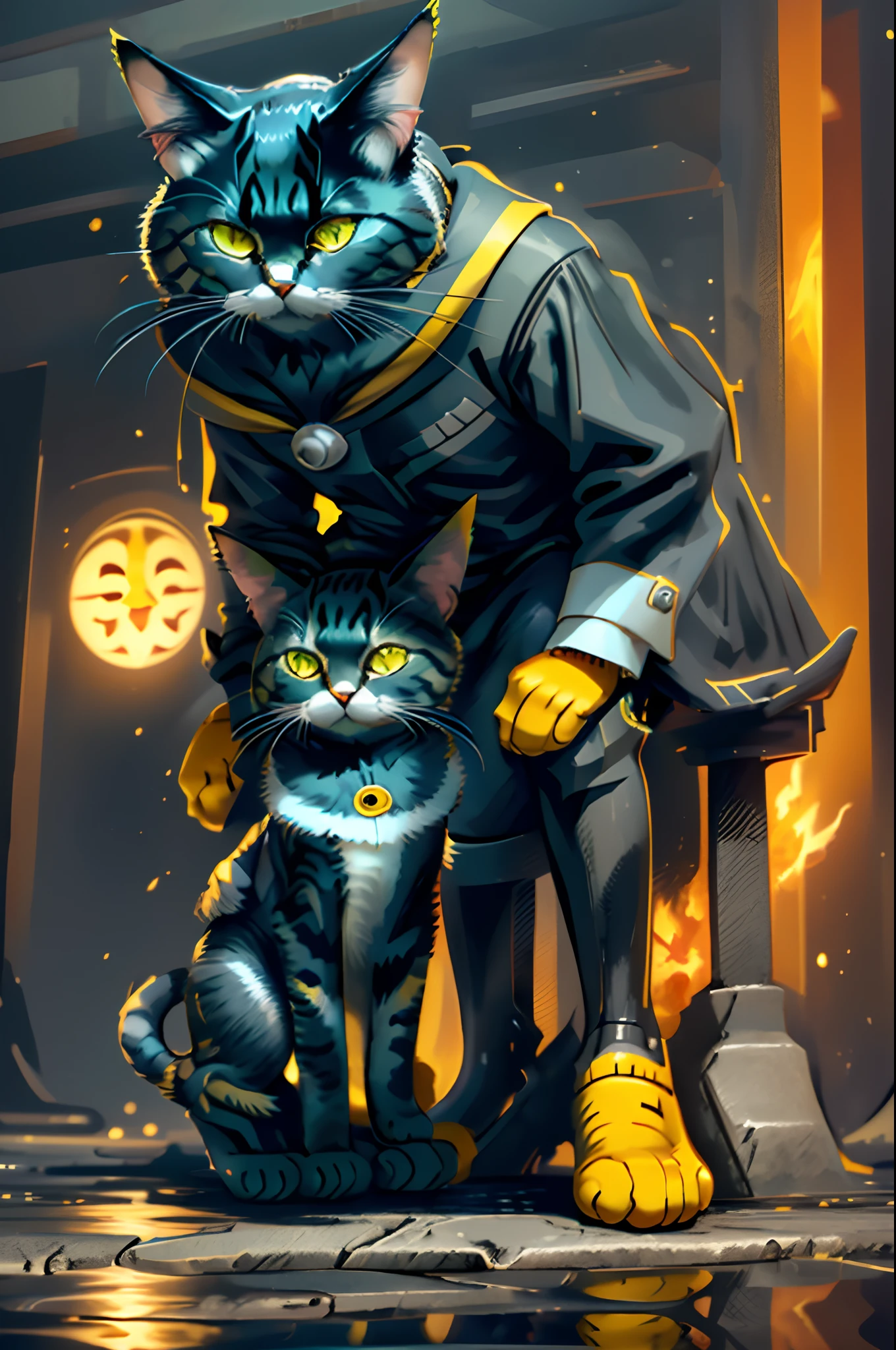 Yellow cat，Black cat，At the feet of the characters，The figure is dressed in black，Q version styling，Line drawings