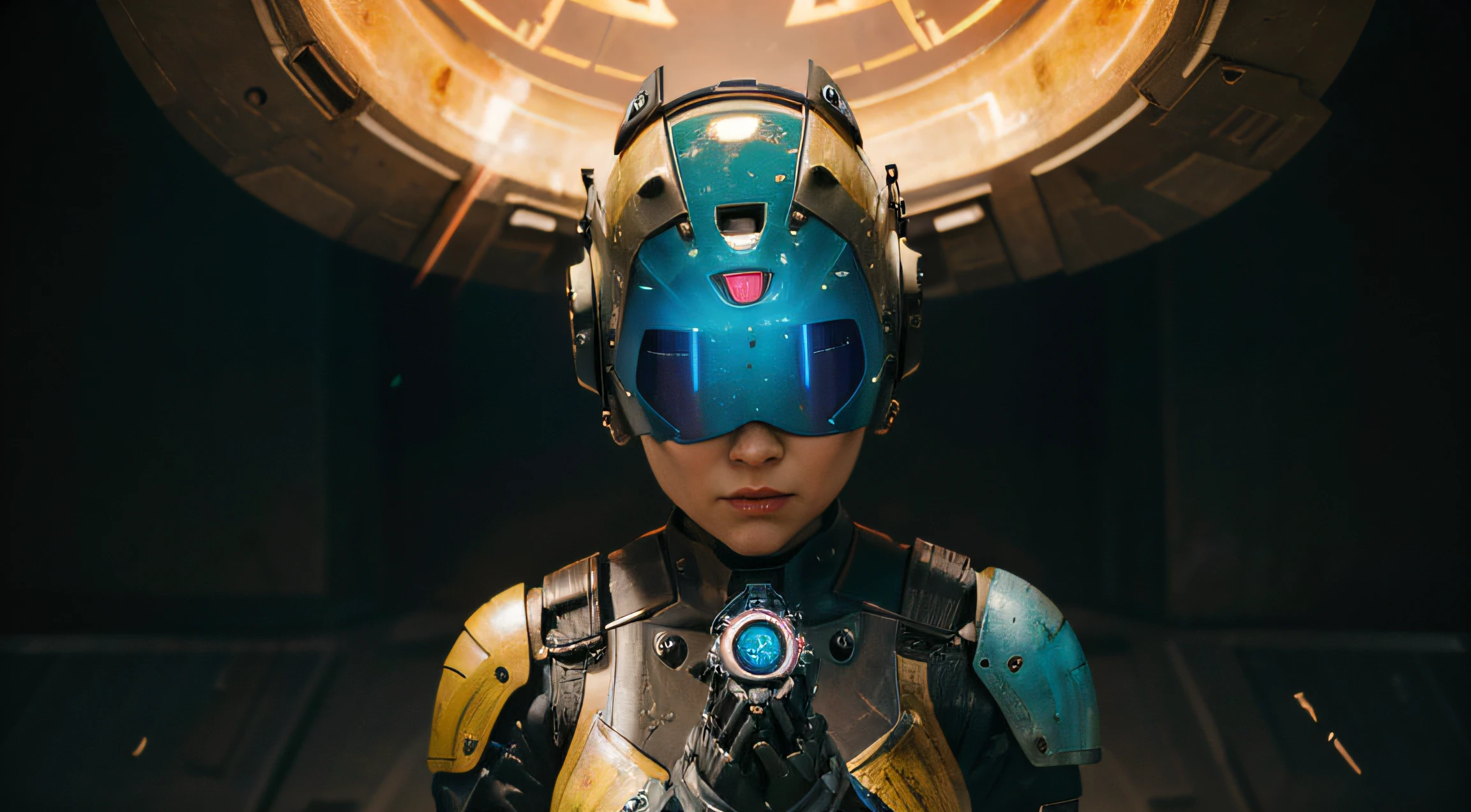 A Robot Girl with Rocketeer and helmet, tongs in hands, Tv head, pinhead, Black and Yellow Pink Cyan Rusty, Ambient in a meteorite crater super detailed, center, beautiful, soft lighting, focused on the character, 4K resolution, photorealistic rendering.