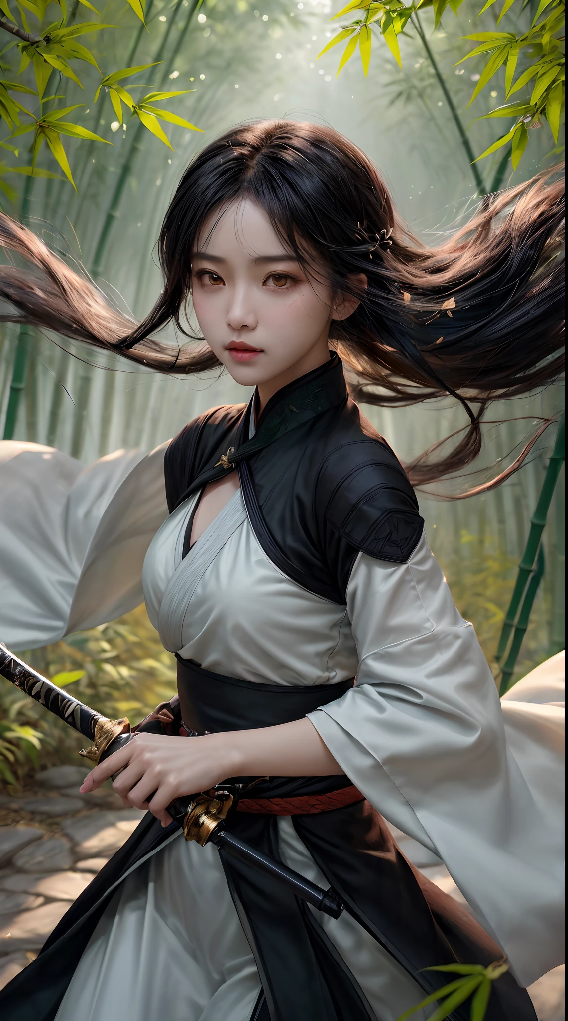 offcial art, Wallpapers,Beauty and aesthetics,Original photographs of female martial arts, Stand in a fighting stance, In his hand was a sword drawn from its scabbard, preparing to fight, Black color hair,flowy,vivd colour(Hanfu:1.5)。(dream magical:1.5)。(Wind in the bamboo forest), (The wind blows the leaves), ( High skin detail: 1.2), 8K UHD, SLR camera, Soft lighting, High quality, filmgrain, Fujifilm XT3