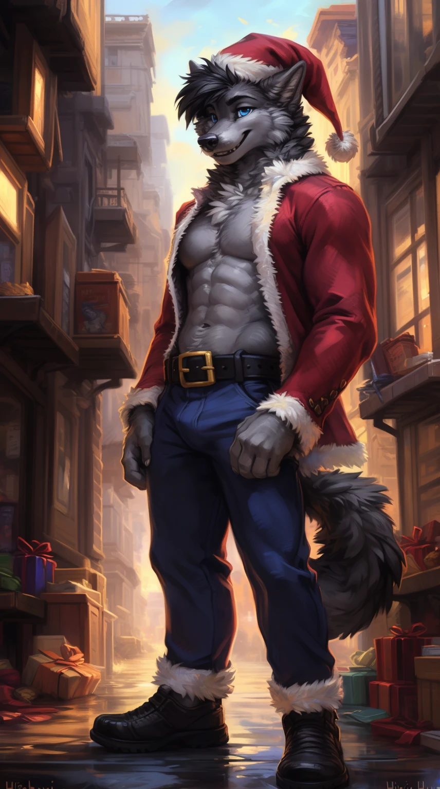 [Uploaded to e621.net; (Foxovh), (Pixelsketcher), (mayosplash)], (by hioshiru and kenket and dimwitdog, Michael & Inessa Garmash, Ruan Jia, Pino Daeni, Chunie), Illustration,cel shaded, Solo, anthro, Male, (Grey wolf), ((grey body)), ((intricate detail fluffy fur texture)), ((Black hair, short hair)), black thick eyebrows, pinup, (Blue eyes) , frown, ((wears)), humanoid feets, (1Tail), (fluffy wolf tail), Handsome, Cinematic, Solo, (musculature), (shaded), (Detailed eyes:1.2), ((busts)), Sensual, ((musculature)), (musclebound), ((buffy body)), Shirtless, (Santa's pants), (black belt and golden buckle), Small raised, alley, full-length shot, standing tall, standing still, (grey arms), (grey hands), (colorful:1.1), (vibrant colors:1), (vivid colors:1), (small crotch bulge:1), (smirking), (happy), 2ears, (wearing Santa hat), ((opened Santa's coat:1))