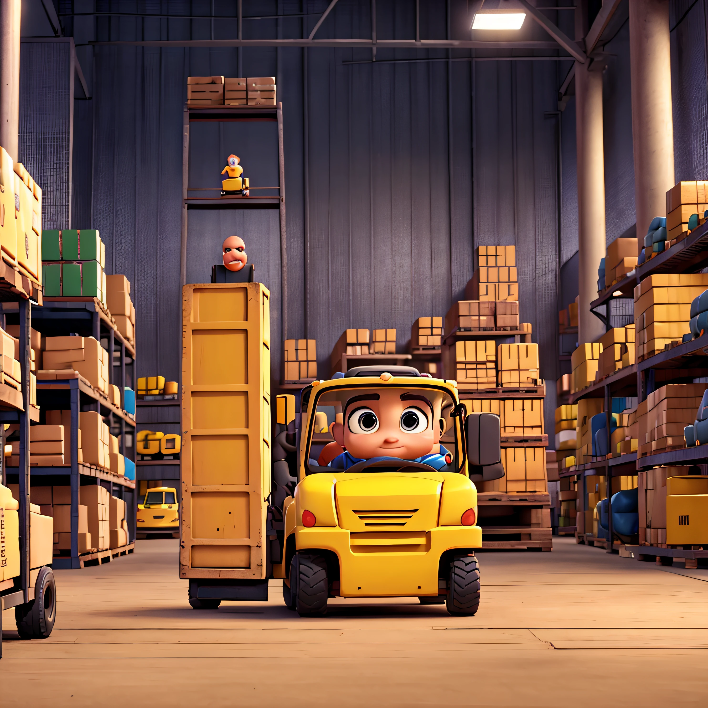 3D character pixar style using  a yellow forklift inside of a warehouse
