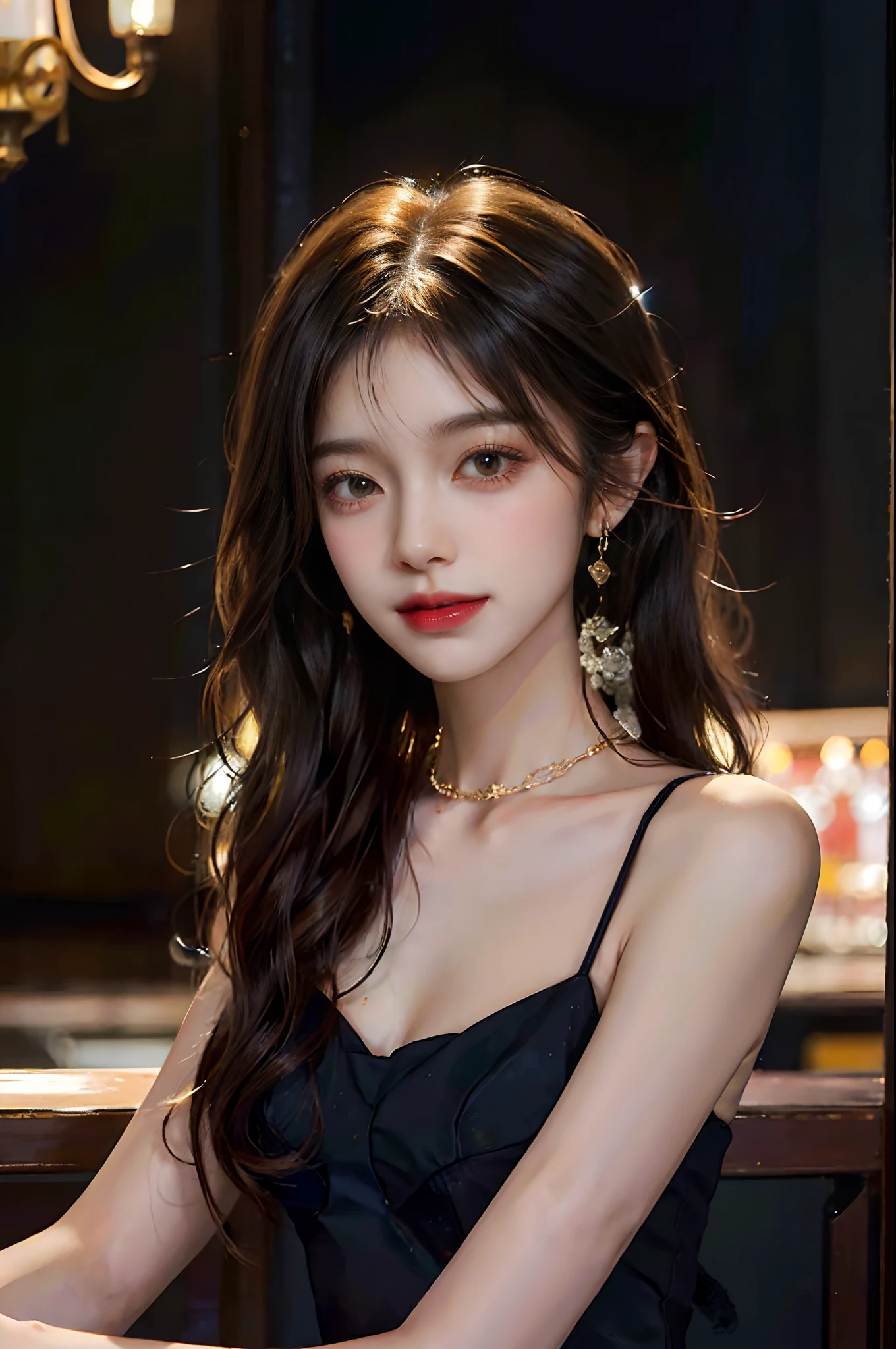 Wearing only one long shirt, (all buttons open: 1.1), big breasts, deep cleavage, best quality, masterpiece, illustration, very delicate and beautiful, very detailed, CG, unity, 8K wallpapers, amazing, fine detail, very detailed CG Unity 8K wallpapers, huge file size, very detailed, high resolution, handsome detail woman, very detailed eyes and face, wonderful detailed eyes, light on face, (Best Illustration: 1.1), (Best Shadow: 1.1), Ultra High Resolution, (Photoreal: 1.1), (Photo Realistic: 1.2:1.1), Realistic Face Proportions, Slender, Smile, (Makeup: 0.4), (Fluffy Black Eyes: 1.21), Black Eyes, Looking at the Viewer, Dark Brown Hair, Earrings, Necklaces, Hairpins, Cowboy Shots, (Irregular Irregular Skin Imperfections, Veins, Skin Wrinkles Pores: 1.2), (Dark Night Background: 1.2), (Bokeh: 1.4),
